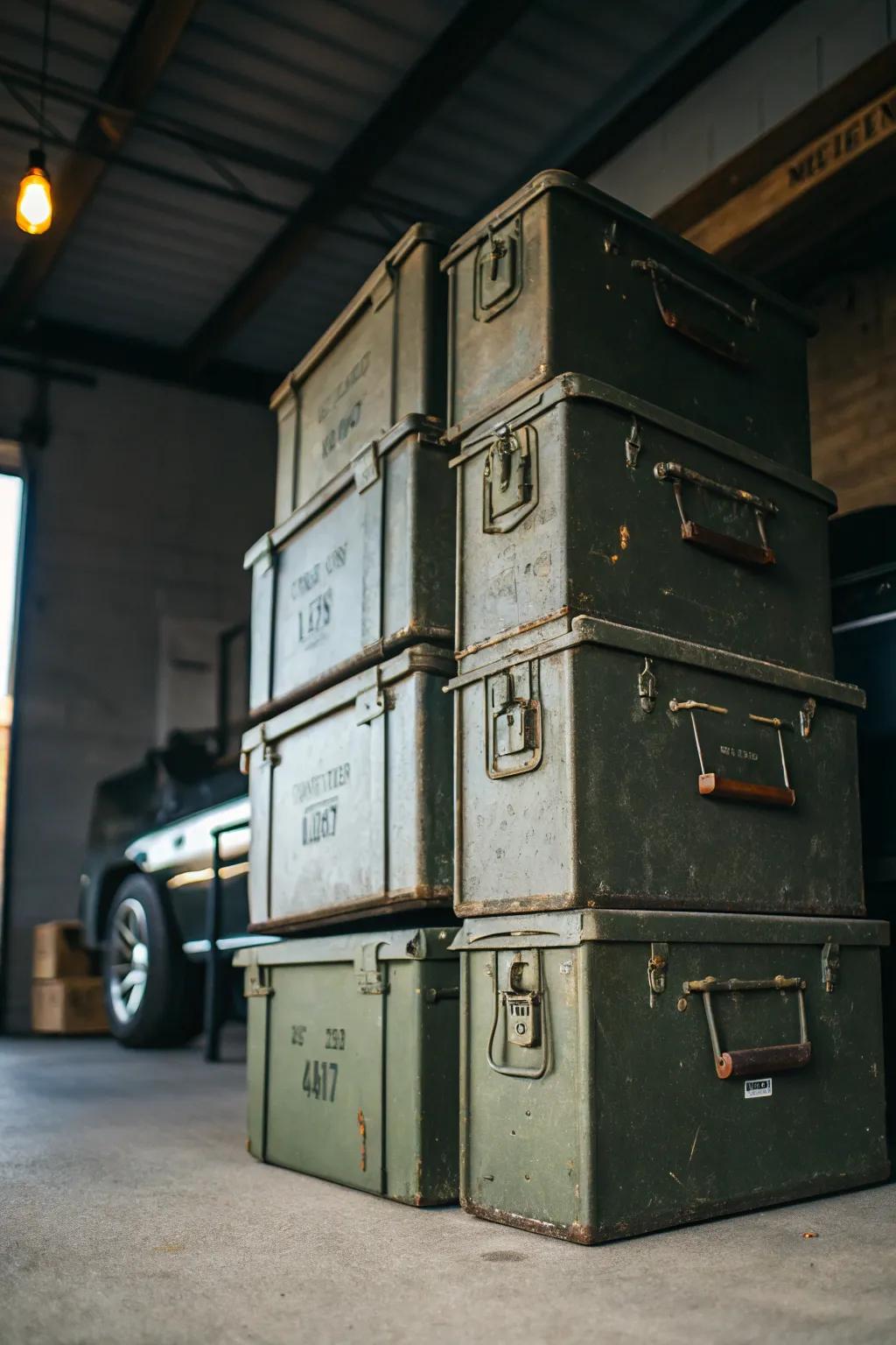 Elevate your storage game with rugged charm: stacked ammo cans for the ultimate blend of style and utility.