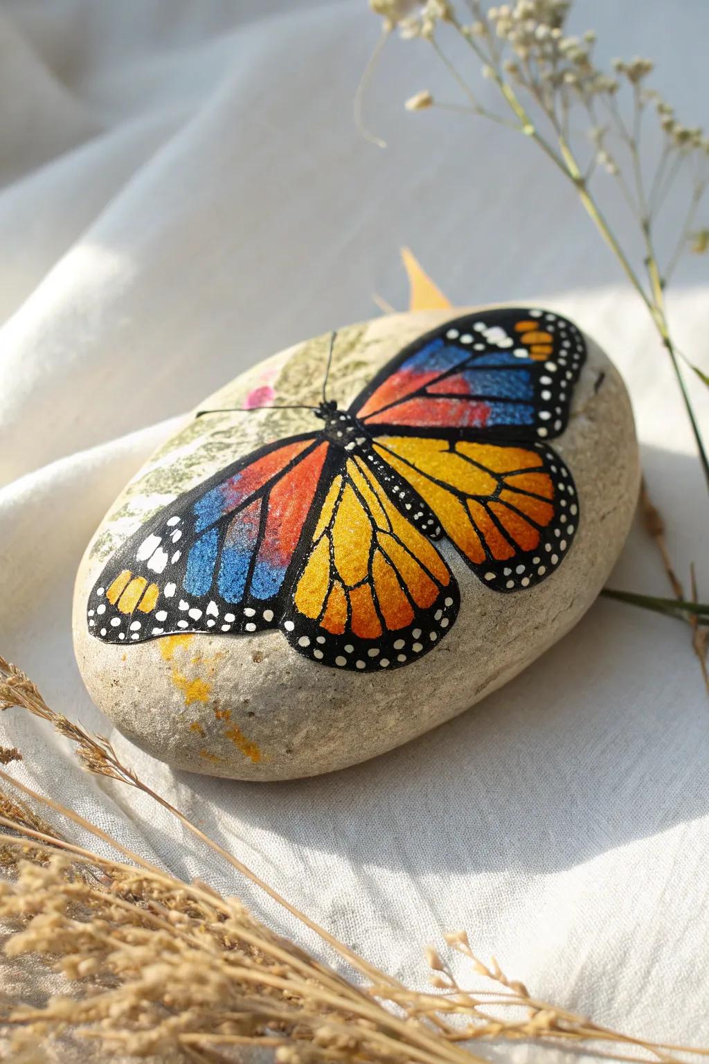 Unleash your creativity with vibrant butterfly rock art, where simplicity meets natural beauty.