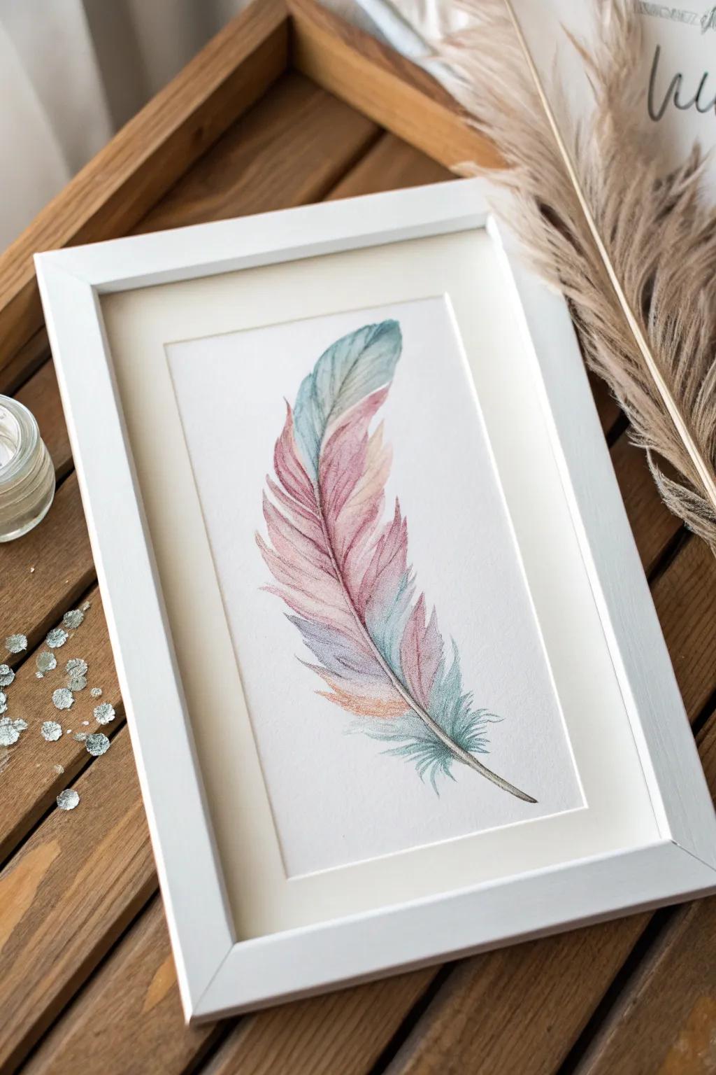 Embrace the delicate beauty of nature with this minimalist watercolor feather art piece.