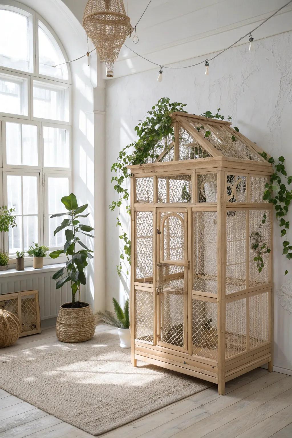 Transform your home into a serene escape with a beautifully crafted indoor aviary. #IndoorOasis #ScandiBoho