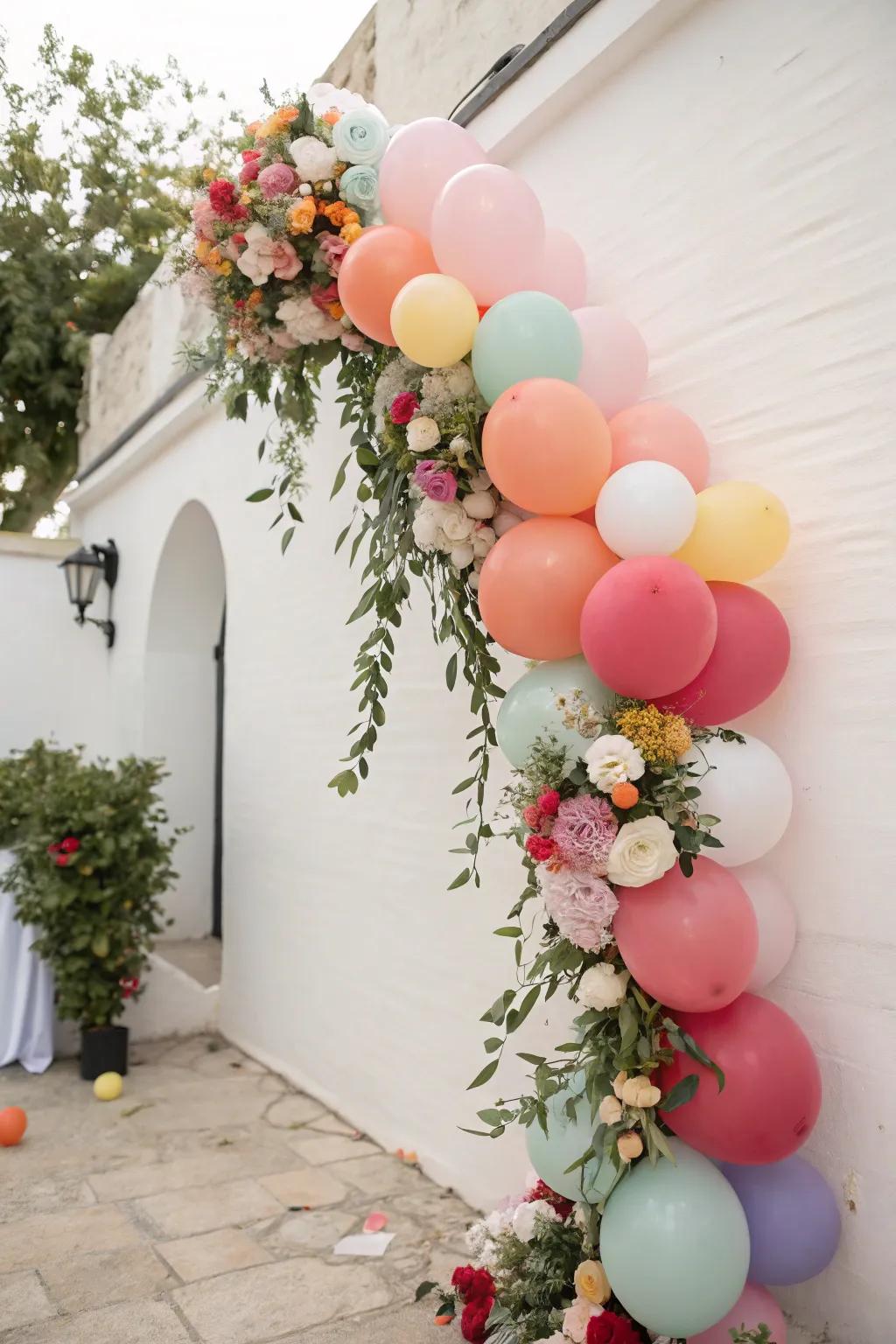 A floral balloon cascade brings a touch of nature indoors.