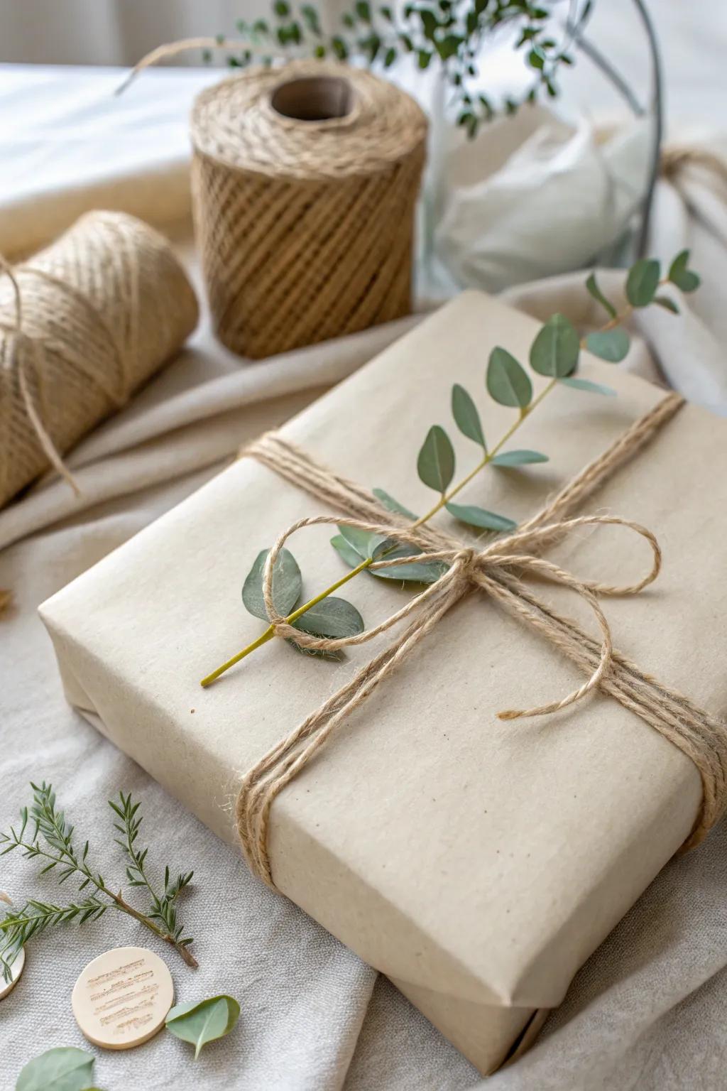 Discover the charm of simplicity with eco-friendly twine and greenery for your next baby shower gift.