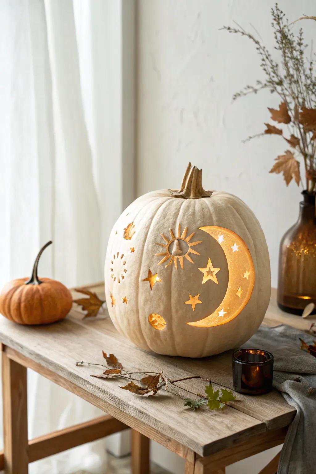 Dreamy nightlight: A pumpkin adorned with moons and stars for baby's first Halloween.