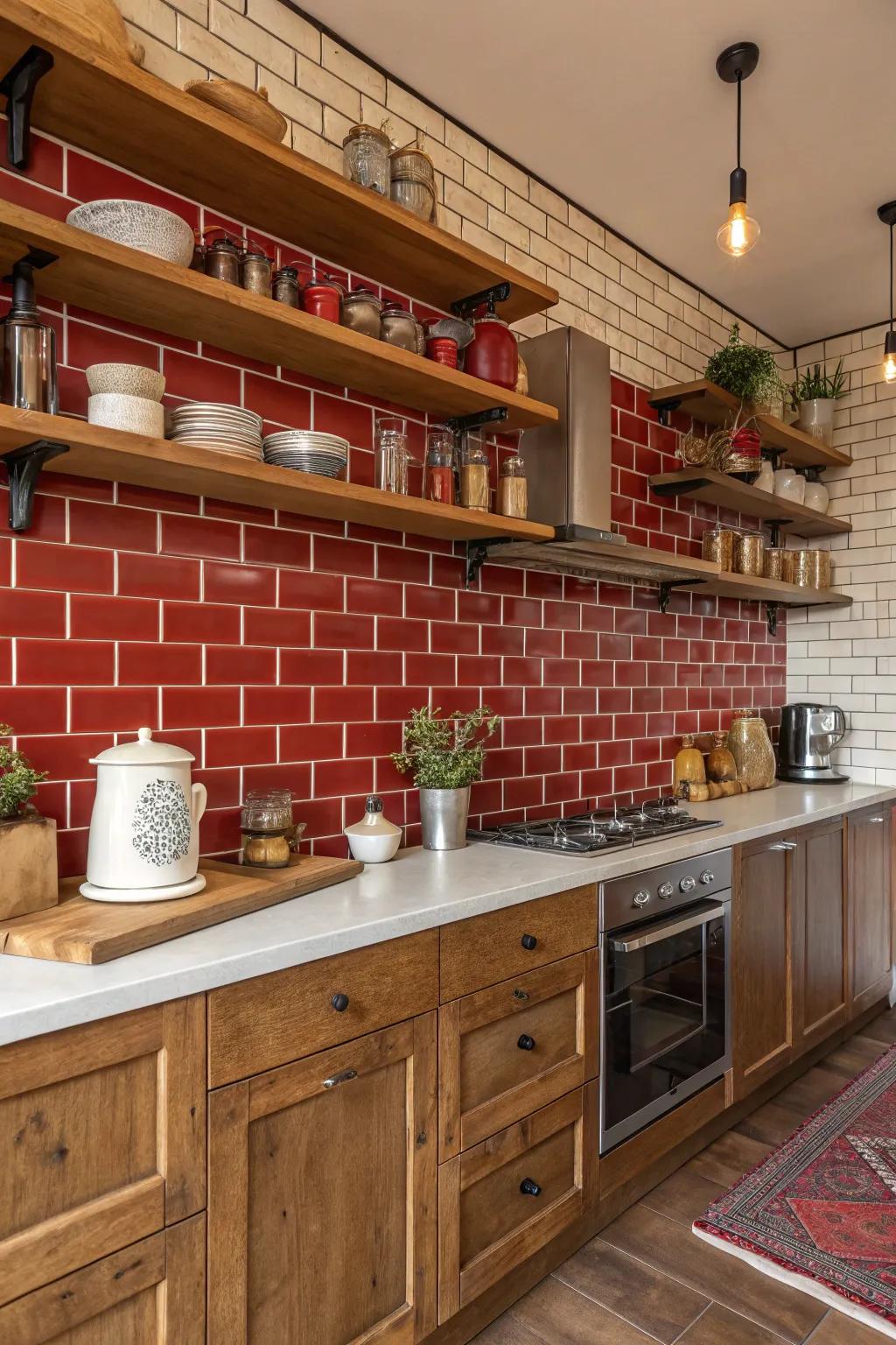 Brick tiles offer a rustic, farmhouse charm to your kitchen space.