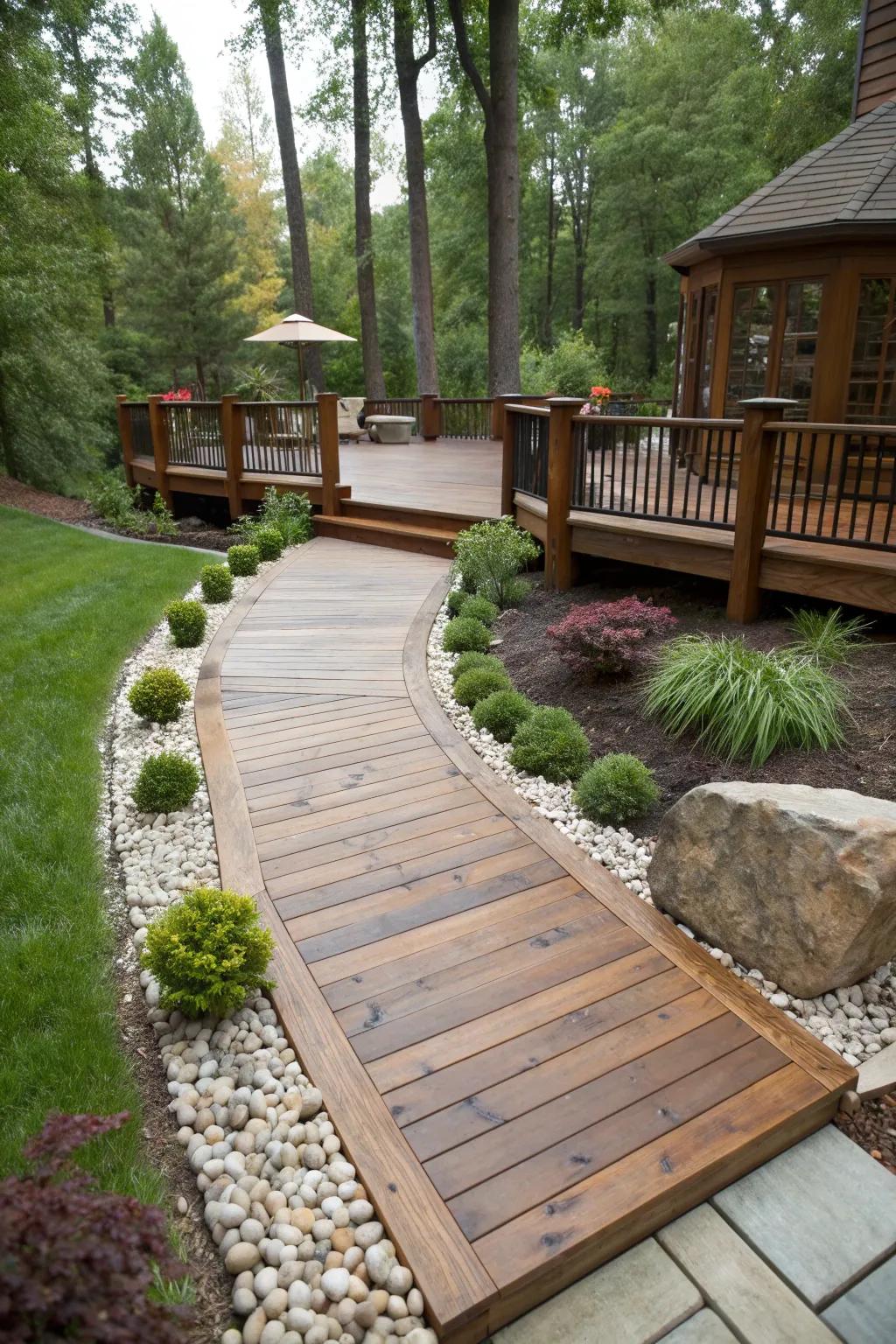 Step into serenity with a stone pathway that elevates your backyard deck experience.