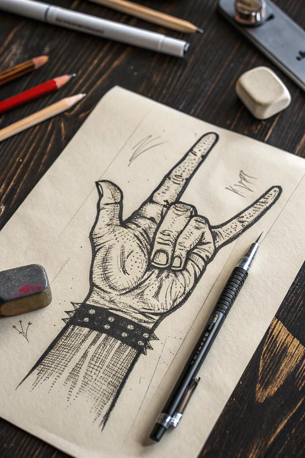 Master the art of attitude with a classic rock hand sign sketch.