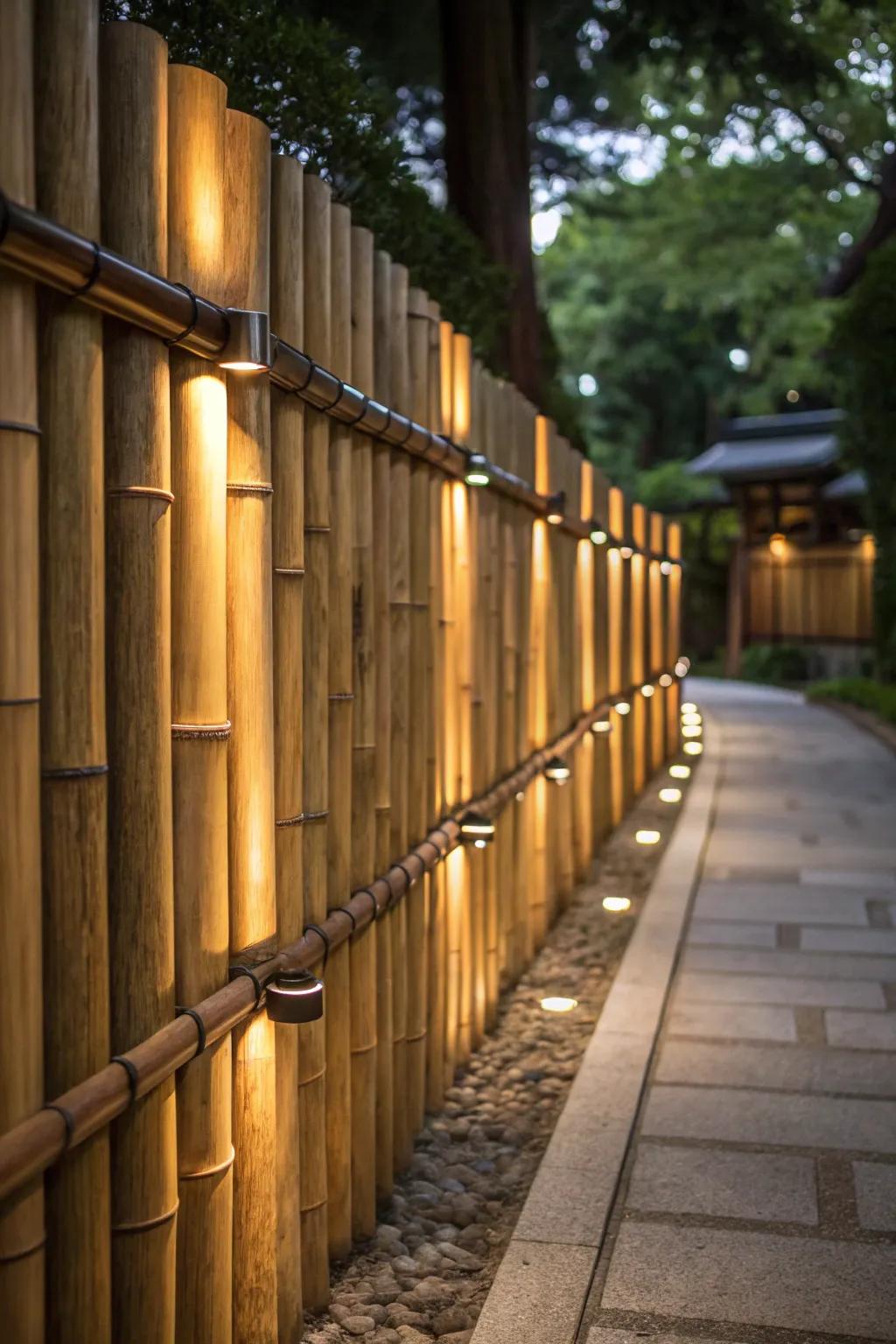 Transform your outdoor space with a beautifully crafted bamboo fence illuminated by enchanting solar lights.