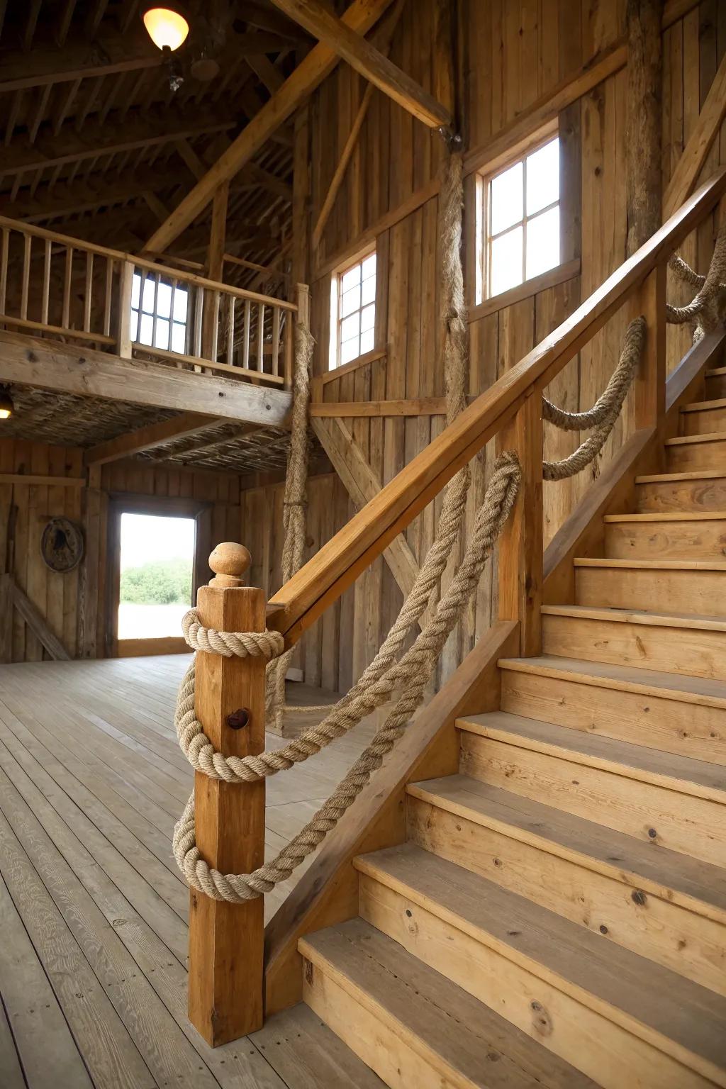 Rope railings add a nautical touch to barn stairs.