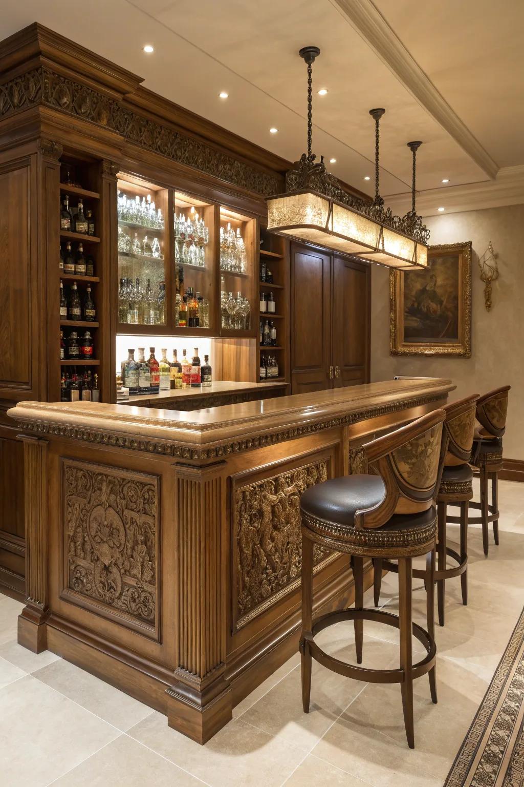 Witness the breathtaking transformation of a basement into a stunning handcrafted bar, where elegance meets craftsmanship.