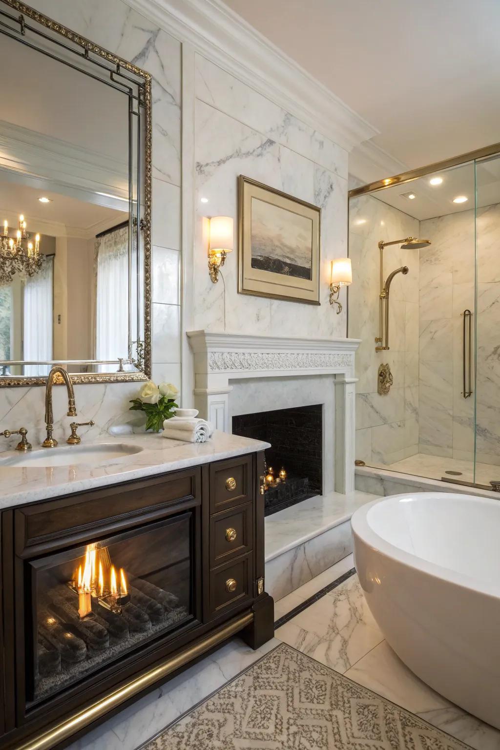 Elegant fixtures add a touch of luxury to the fireplace setup.