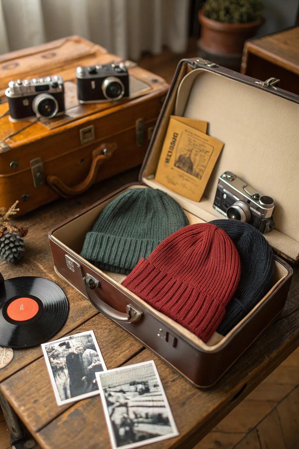 A vintage suitcase adds a whimsical touch to your beanie display.