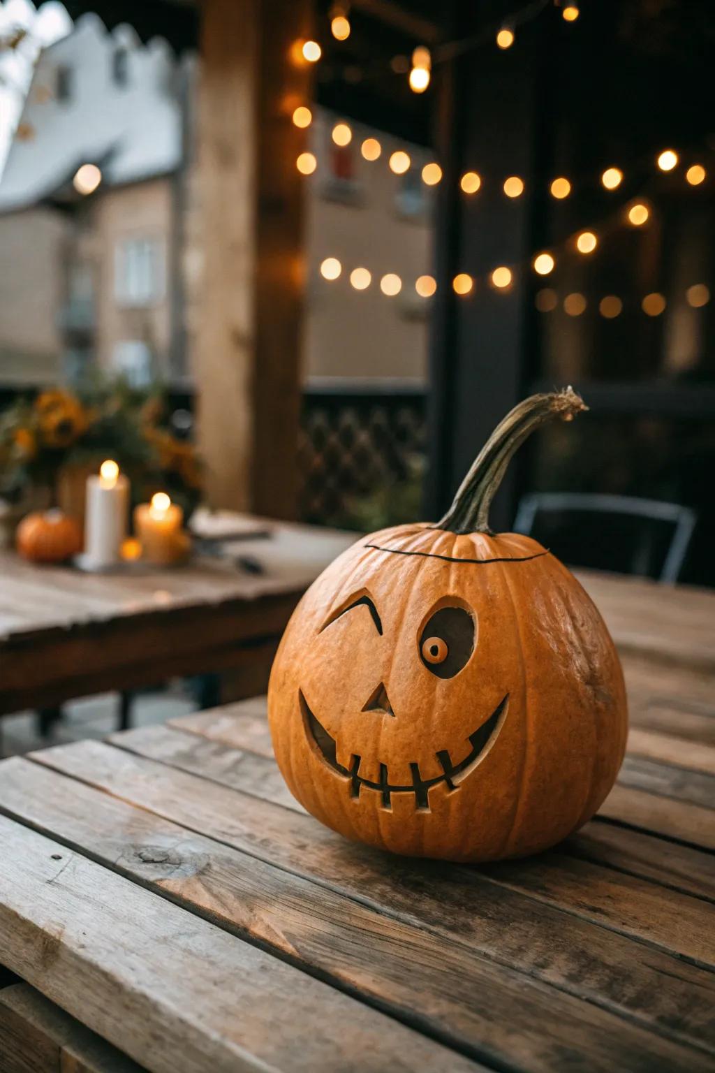 Embrace the playful spirit of Halloween with a whimsical carved pumpkin that brings a smile to your face!