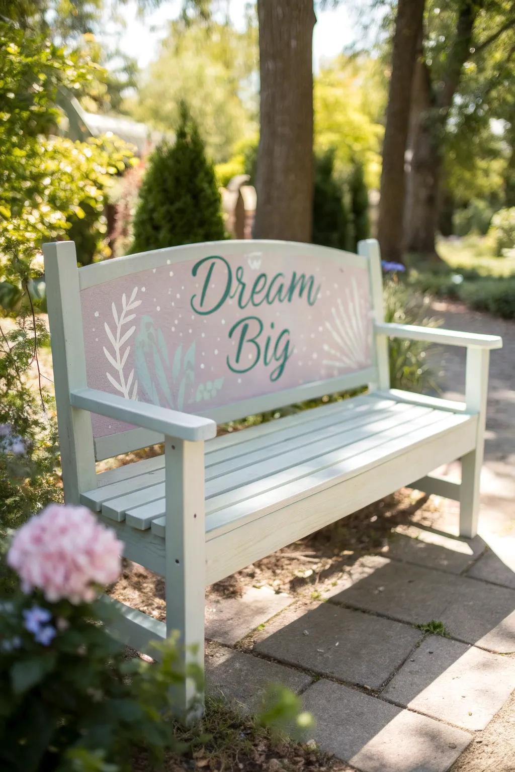 Elevate your garden space with a 'Dream Big' bench — a perfect blend of minimalist elegance and motivational charm.