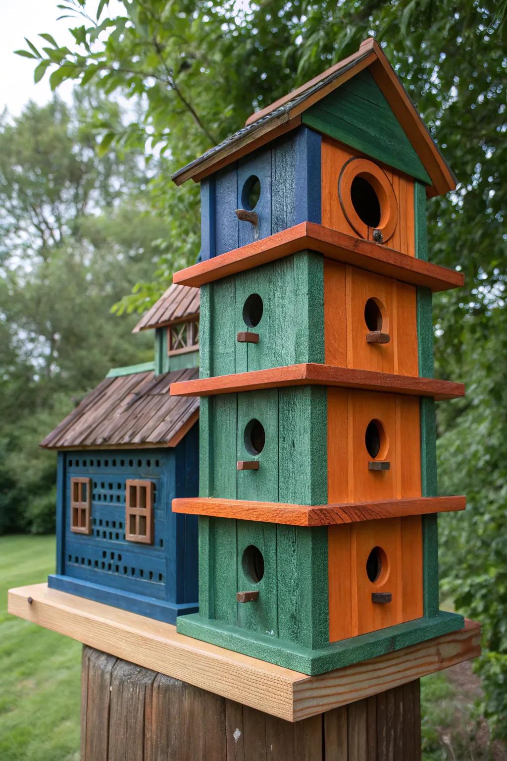 A colorful condo birdhouse: a vibrant haven for your feathered friends.