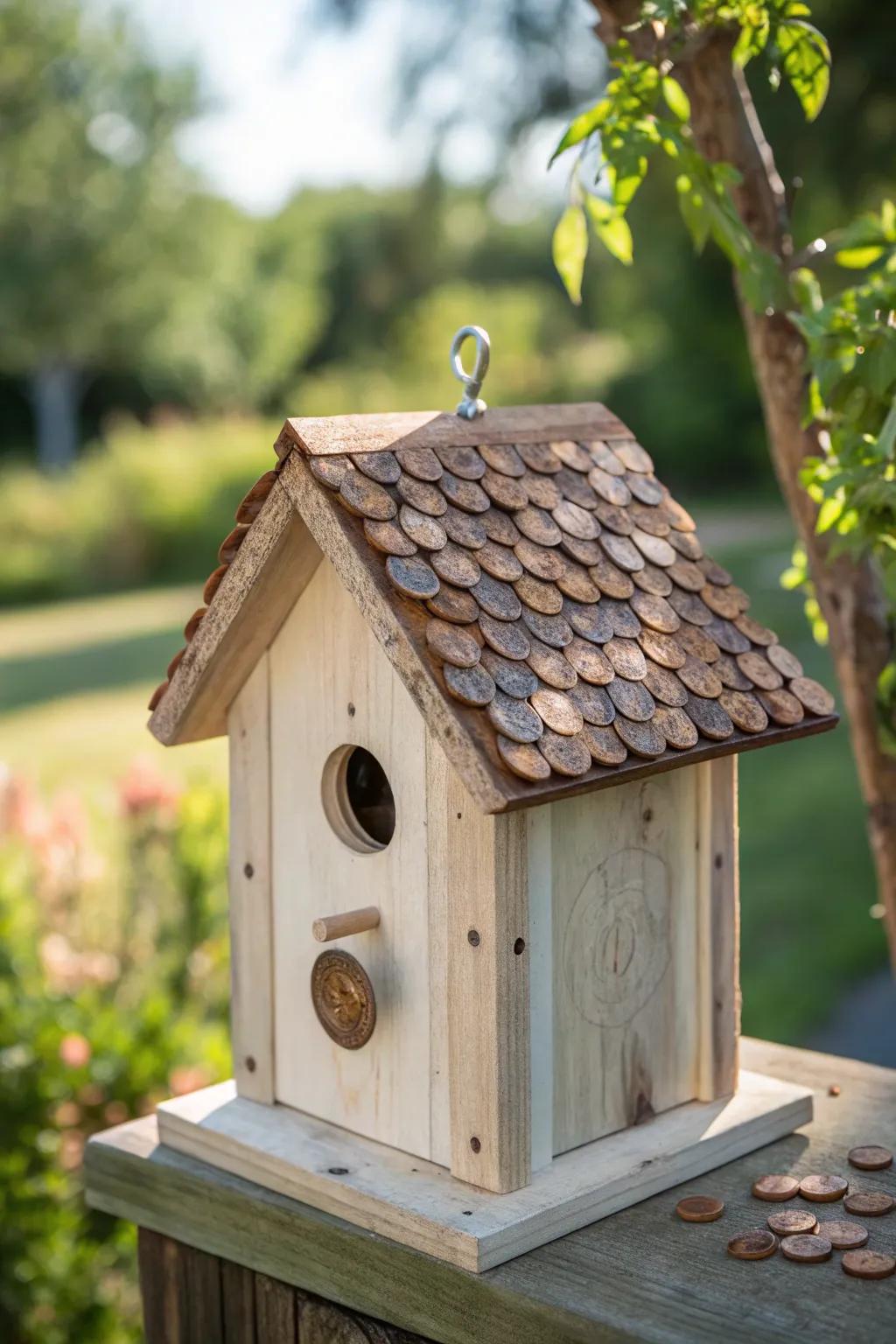 Add a touch of rustic elegance to your garden with a charming penny-roof birdhouse.