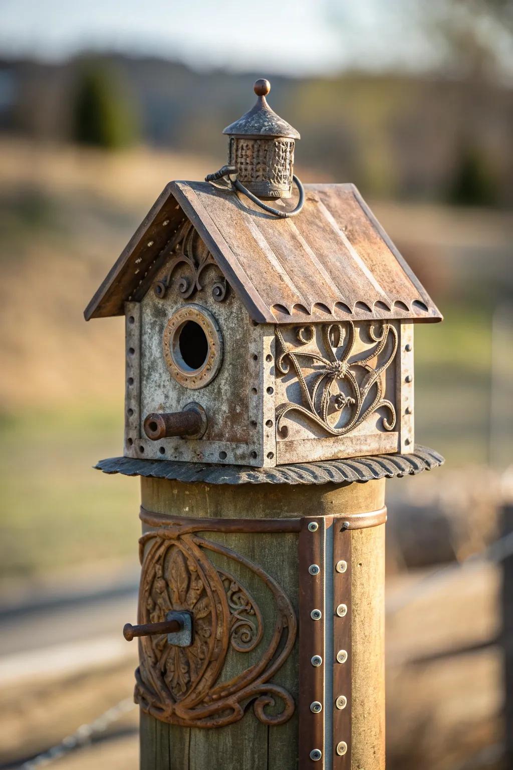Elevate your garden with an industrial twist: a birdhouse on a reclaimed metal post exudes craftsmanship and charm.
