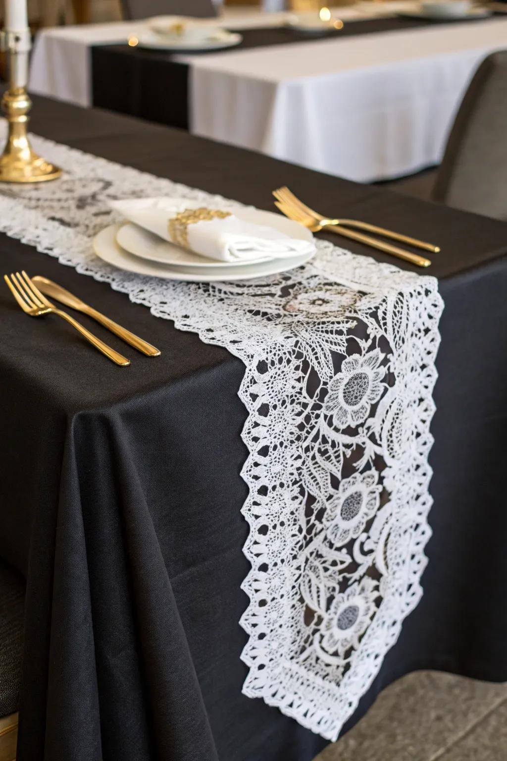 Lace over black linens creates a stunning layered effect.