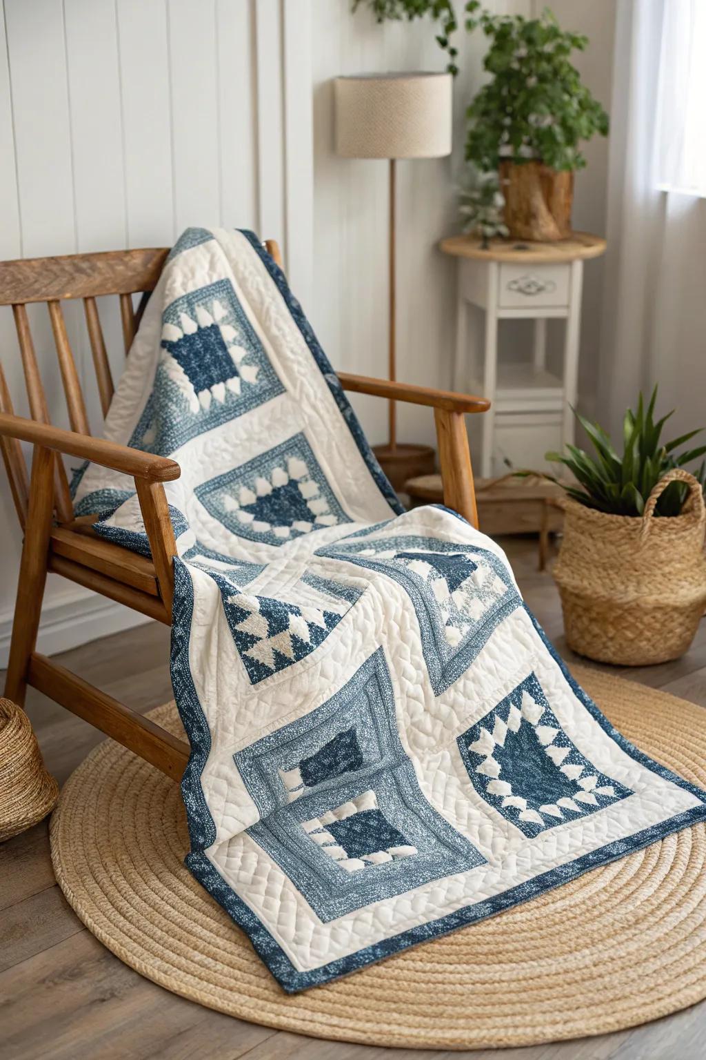 Embrace tradition with a fresh twist: the charming allure of a blue and white log cabin quilt.