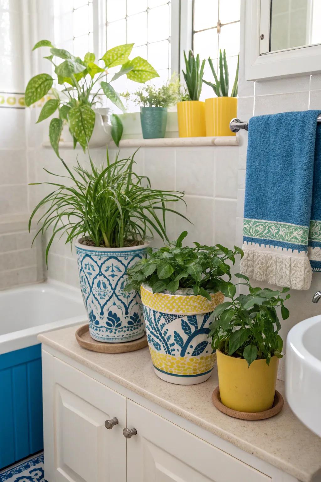 Green plants bring a fresh and organic touch to a blue and yellow bathroom.