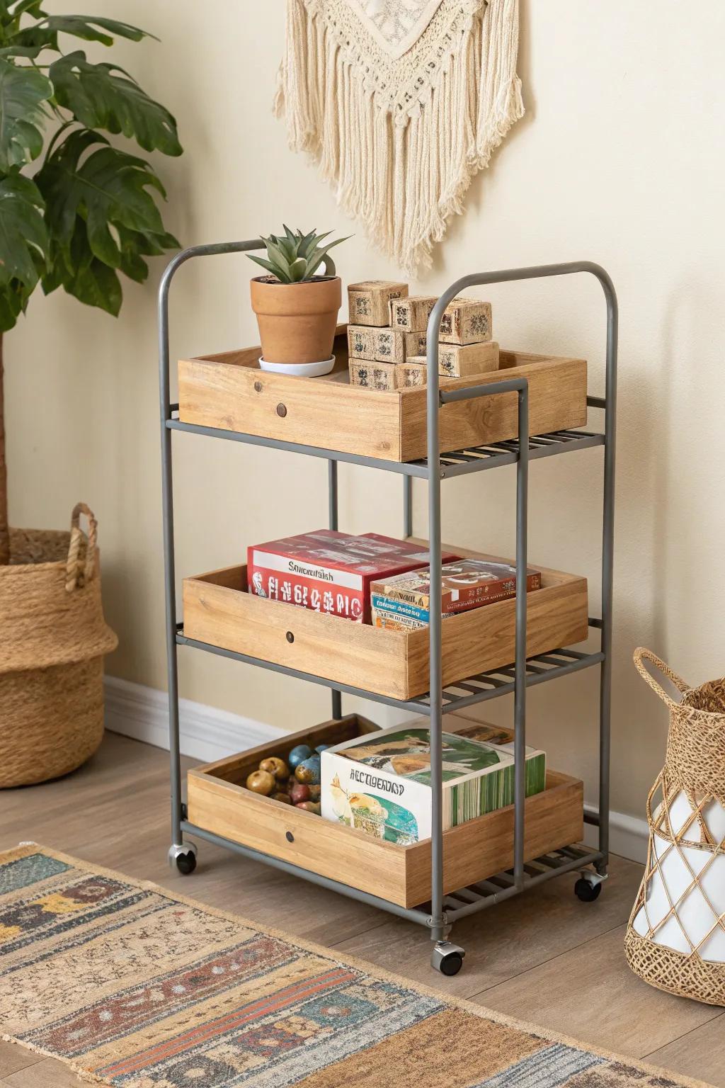 Effortless game night organization with a chic rolling cart that blends Scandinavian simplicity with Boho charm.