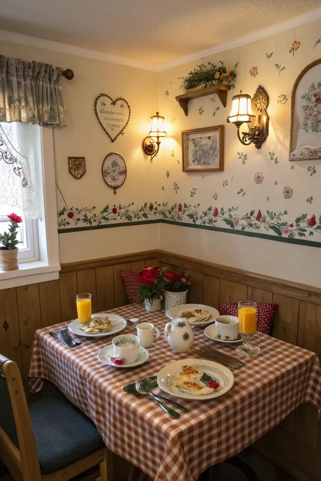 Decorative wall sconces enhancing a breakfast nook.