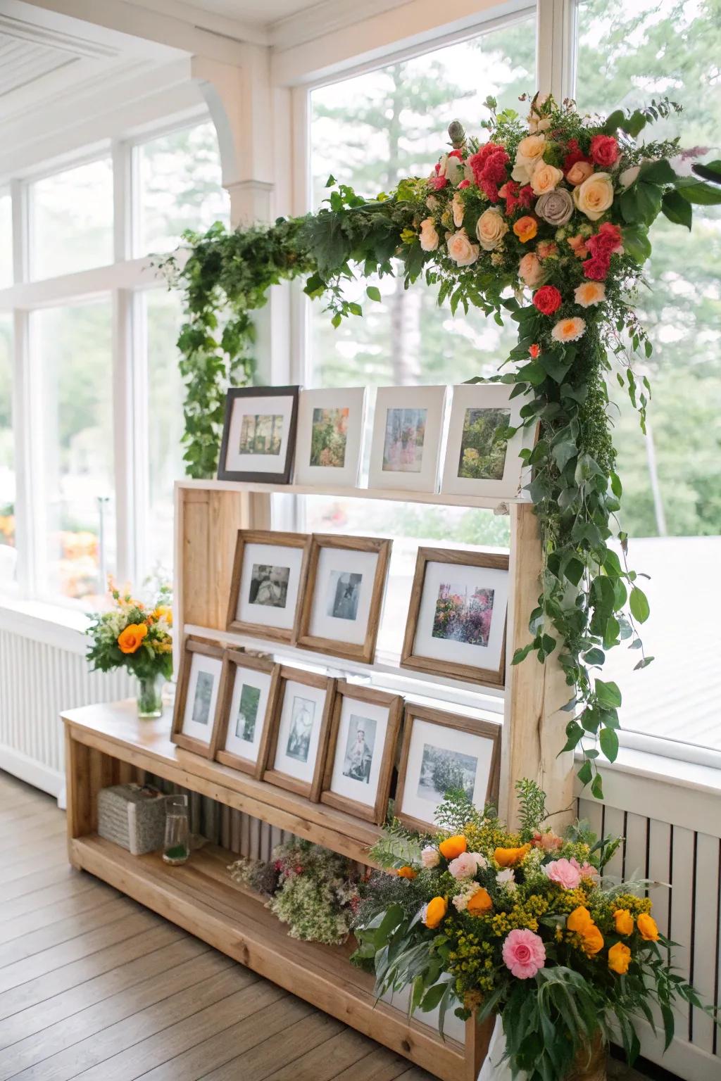 Photo display with floral and greenery embellishments.
