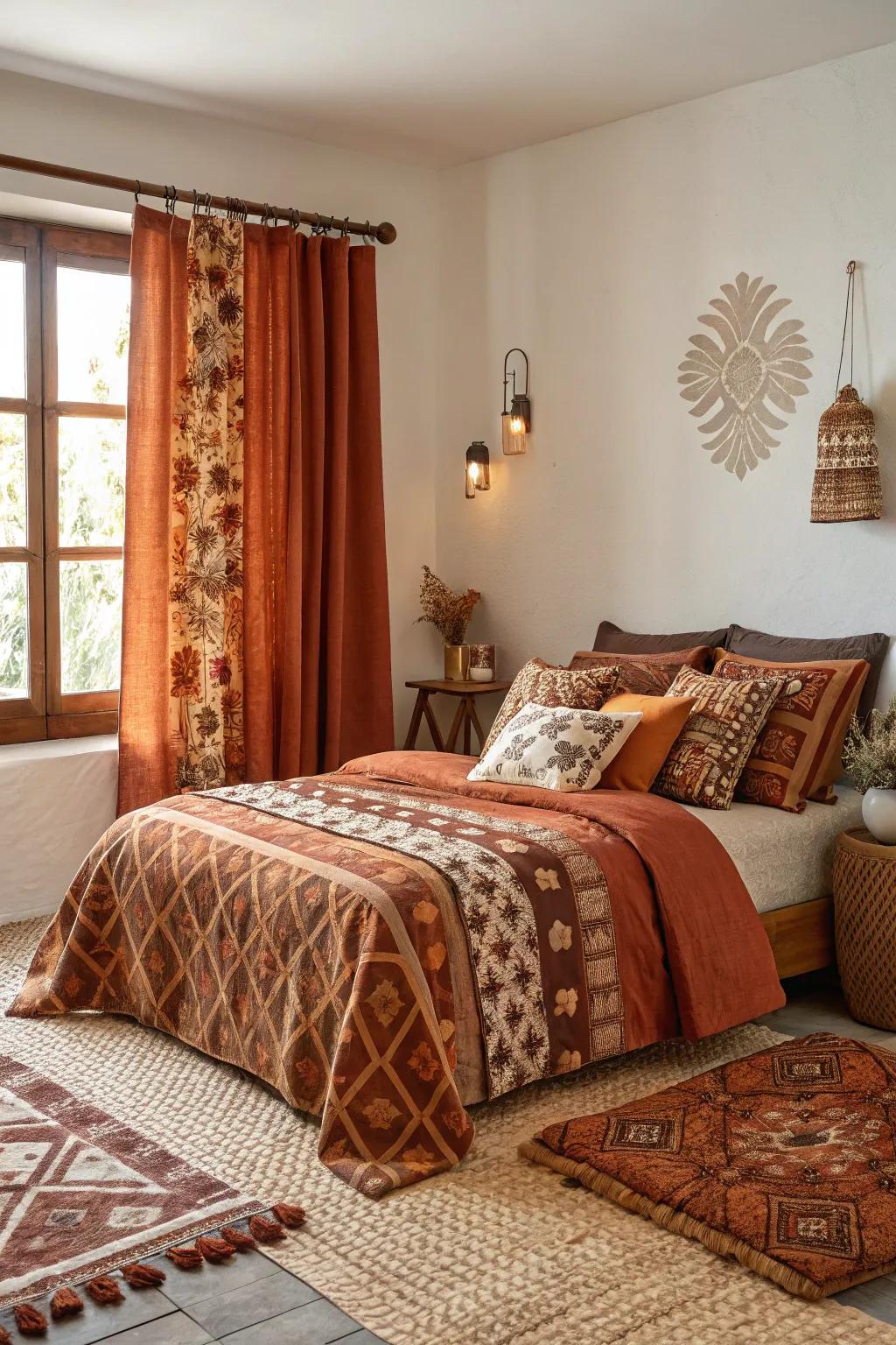 Mixed patterns in burnt orange and brown for a dynamic look.