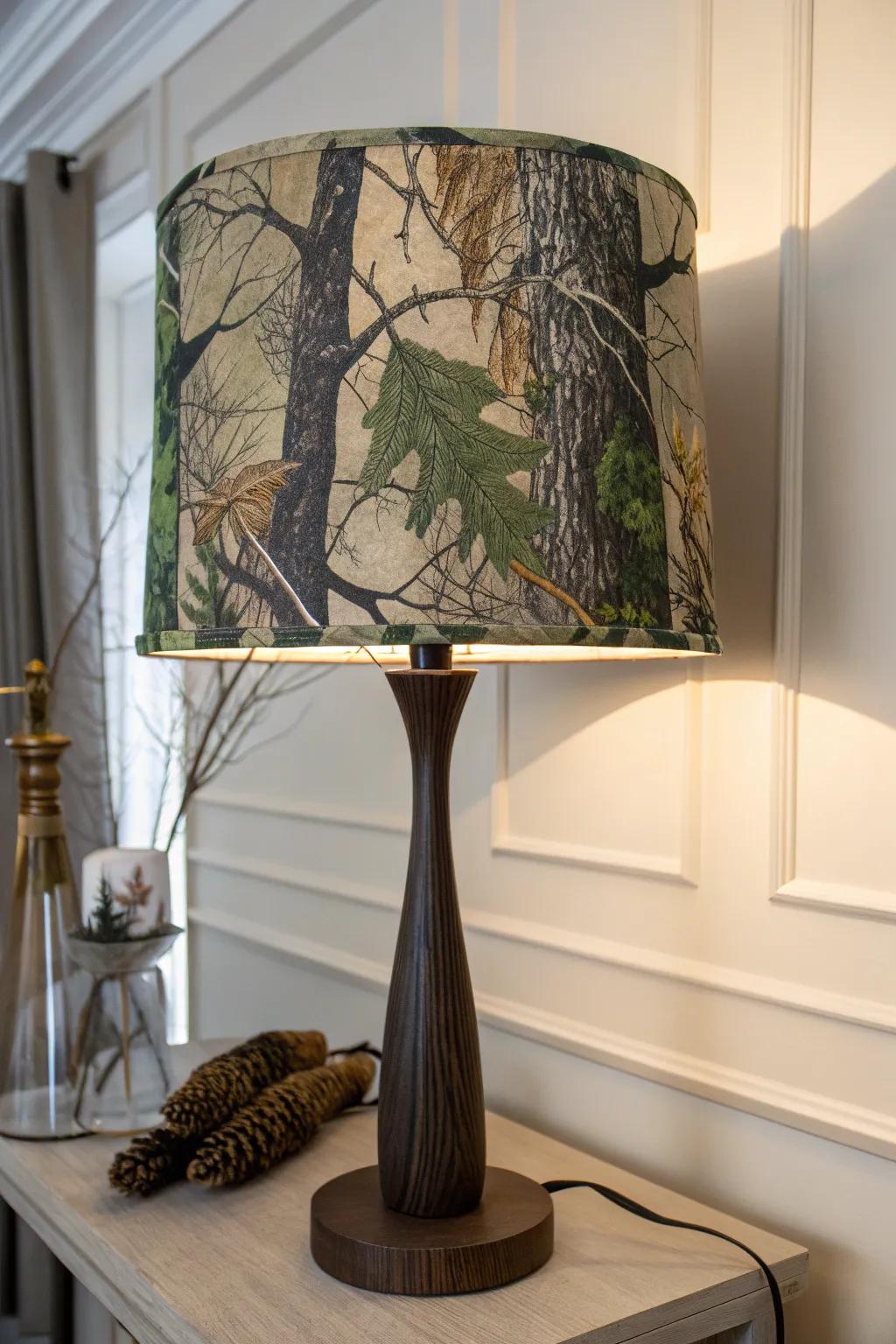 Illuminate your space with bespoke style: a handcrafted camouflage lampshade that stands out.