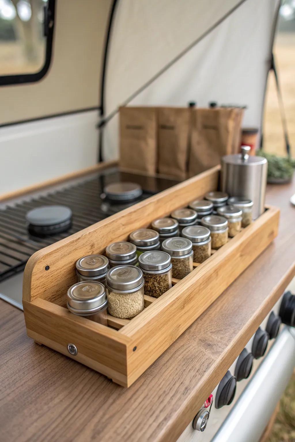 Elevate your camp kitchen with a touch of minimalist elegance: the perfect magnetic spice rack solution.