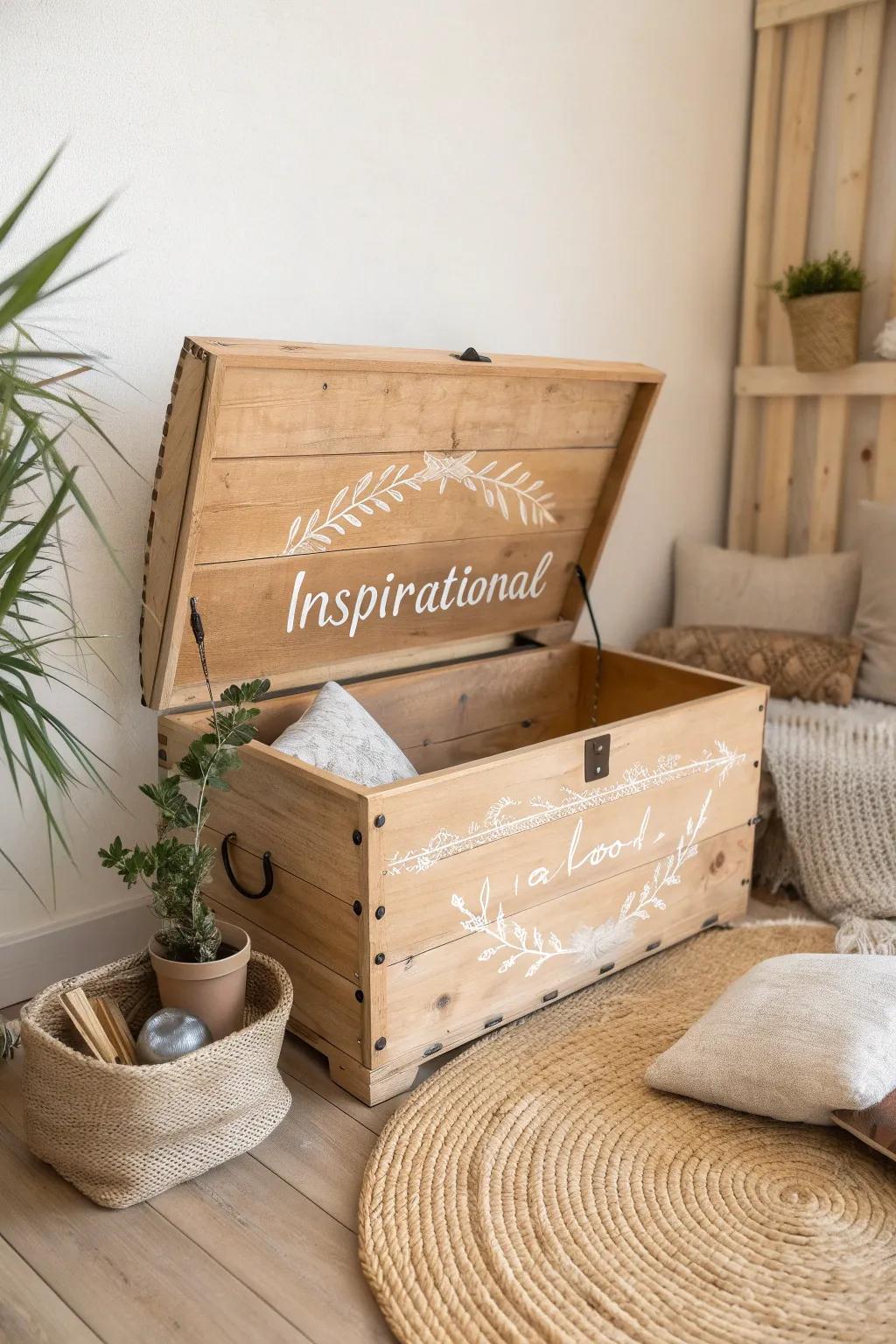 Unlock daily motivation with this beautifully crafted camp trunk, a perfect blend of minimalist design and inspirational quotes.