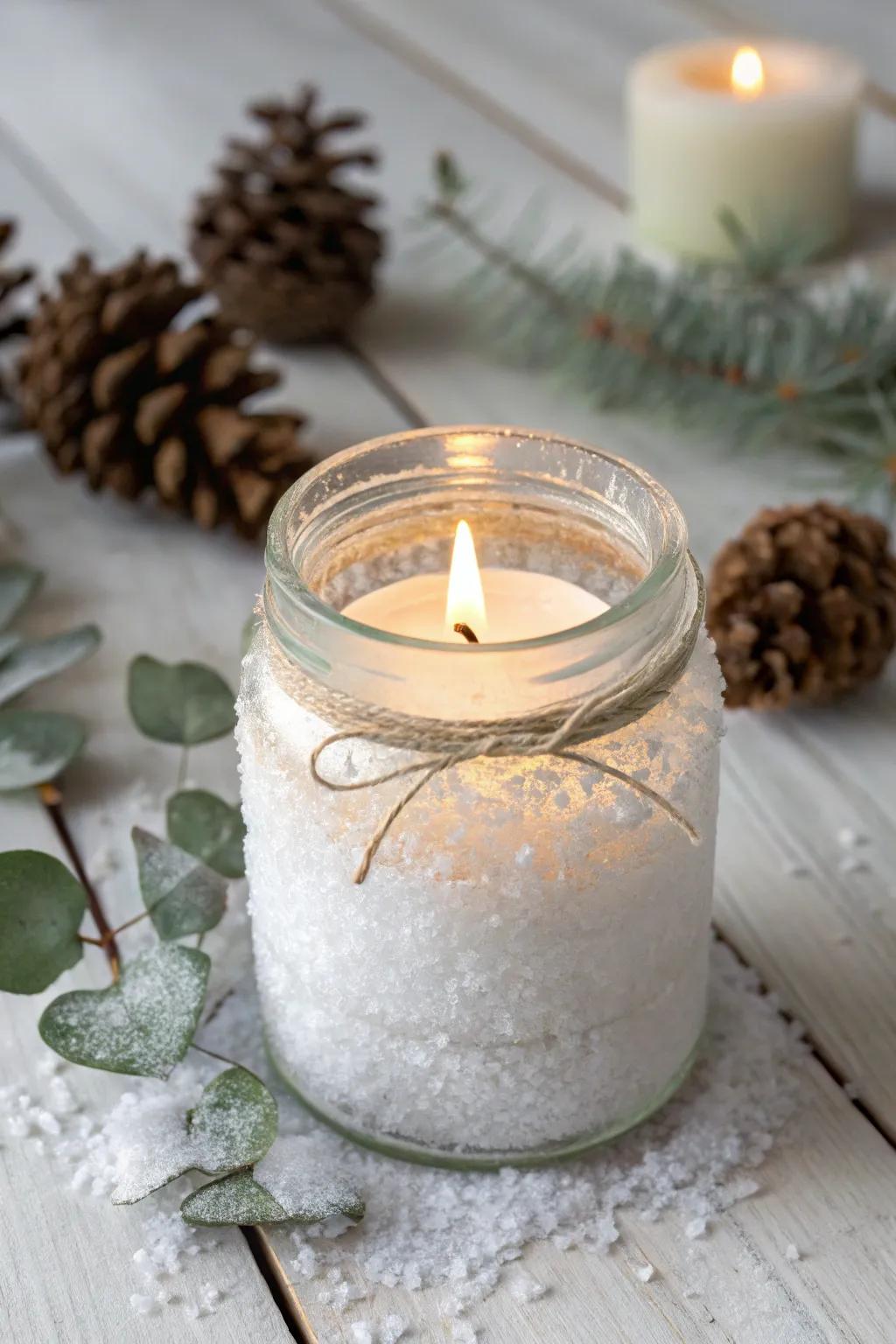 Transform your home with the enchanting glow of Epsom salt frosted candle jars—perfect for a cozy, minimalist winter aesthetic.
