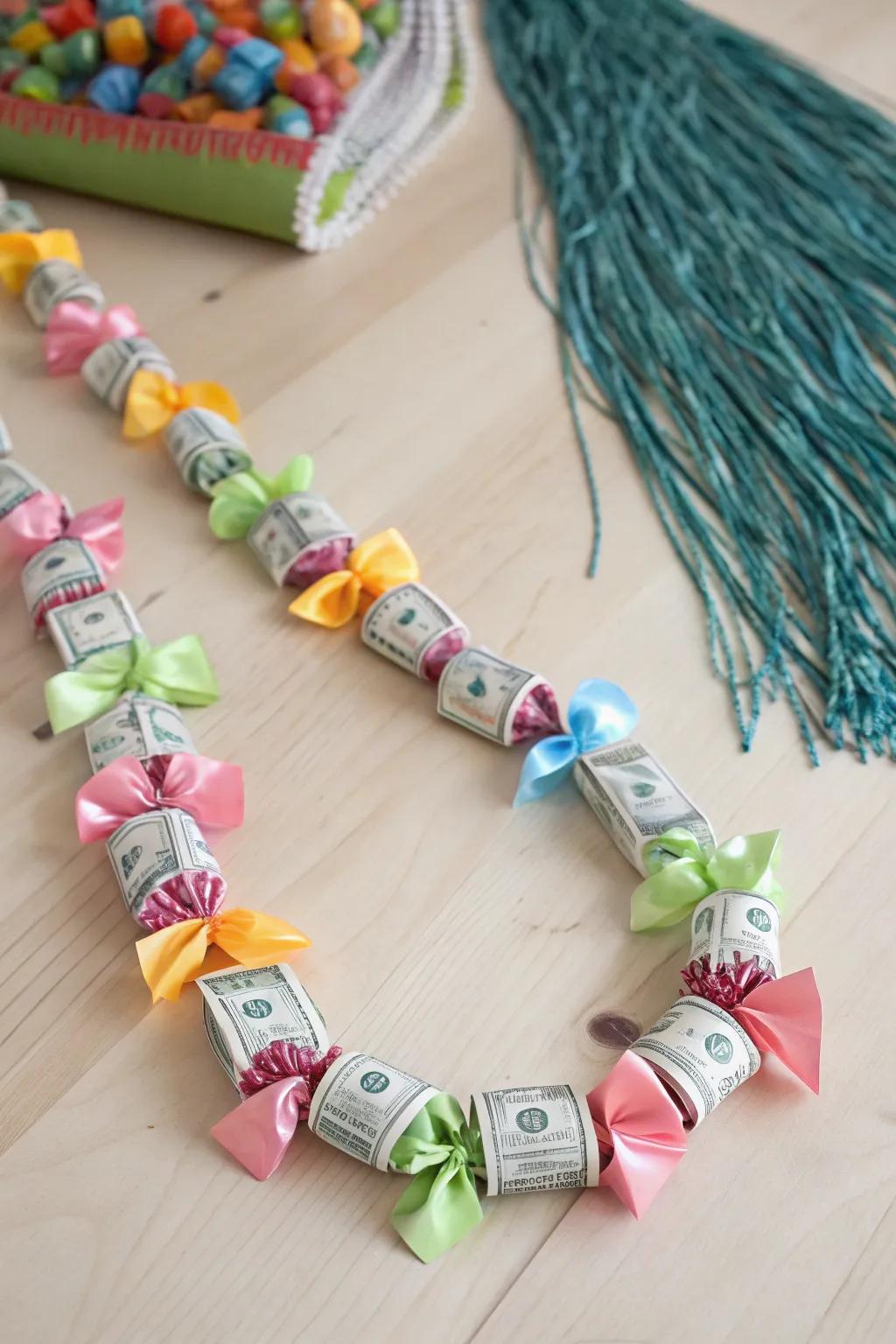 Craft the perfect gift with this candy and cash combo lei – a beautiful blend of treats and treasures!