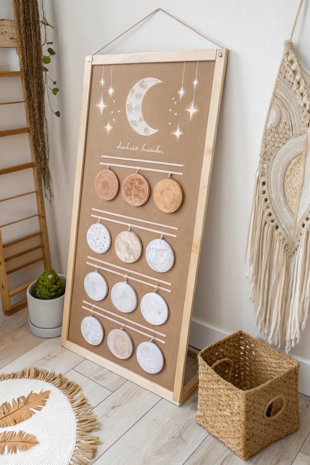 Explore the universe with this charming handmade solar system board, a perfect blend of minimalism and creativity.