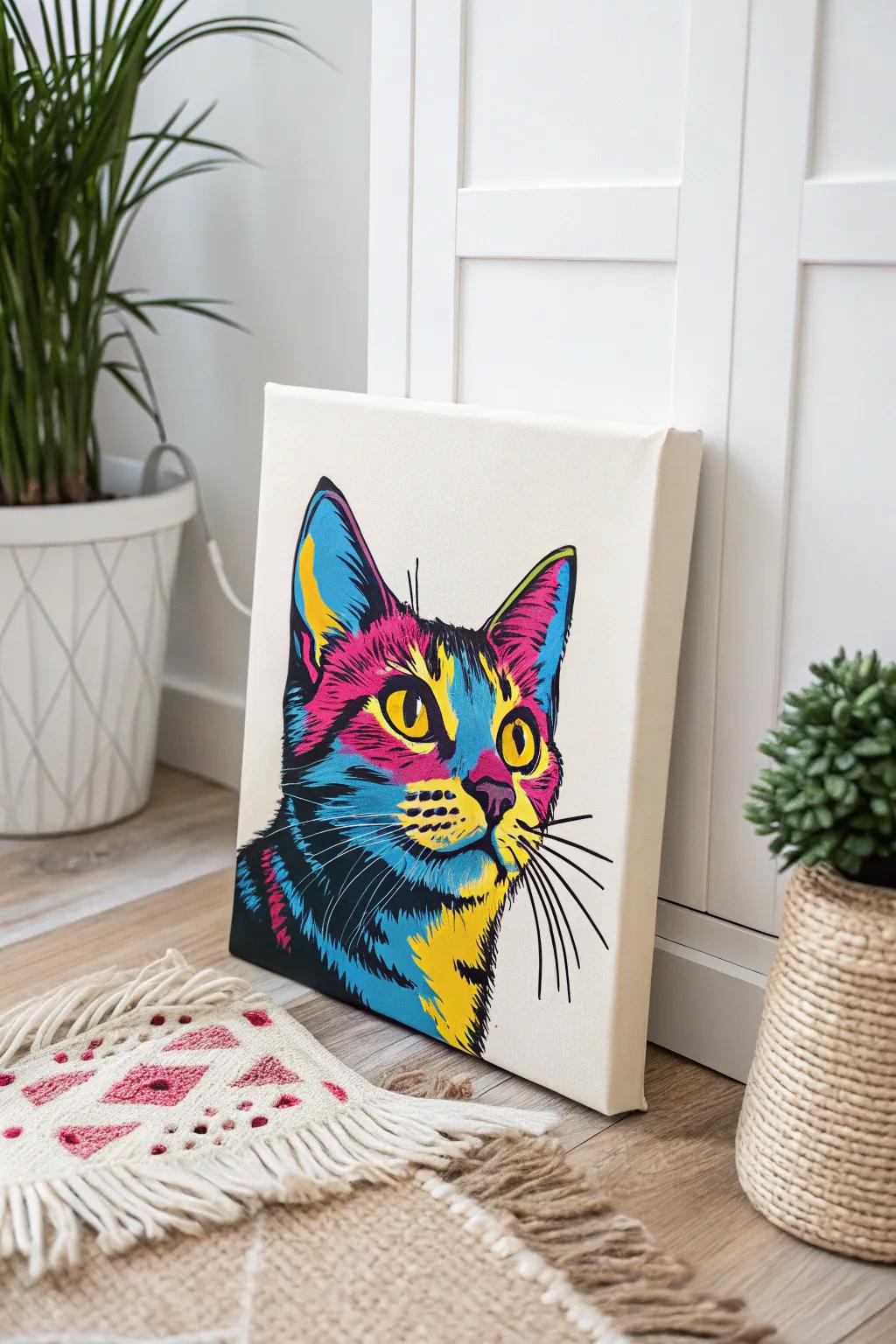 Add a splash of color to your space with this vibrant pop art cat painting!