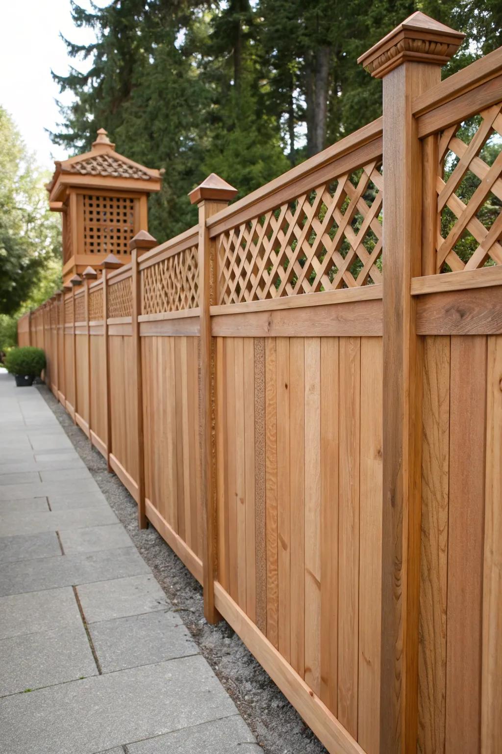 Enhance your outdoor space with the elegance of a cedar post fence topped with exquisite latticework.