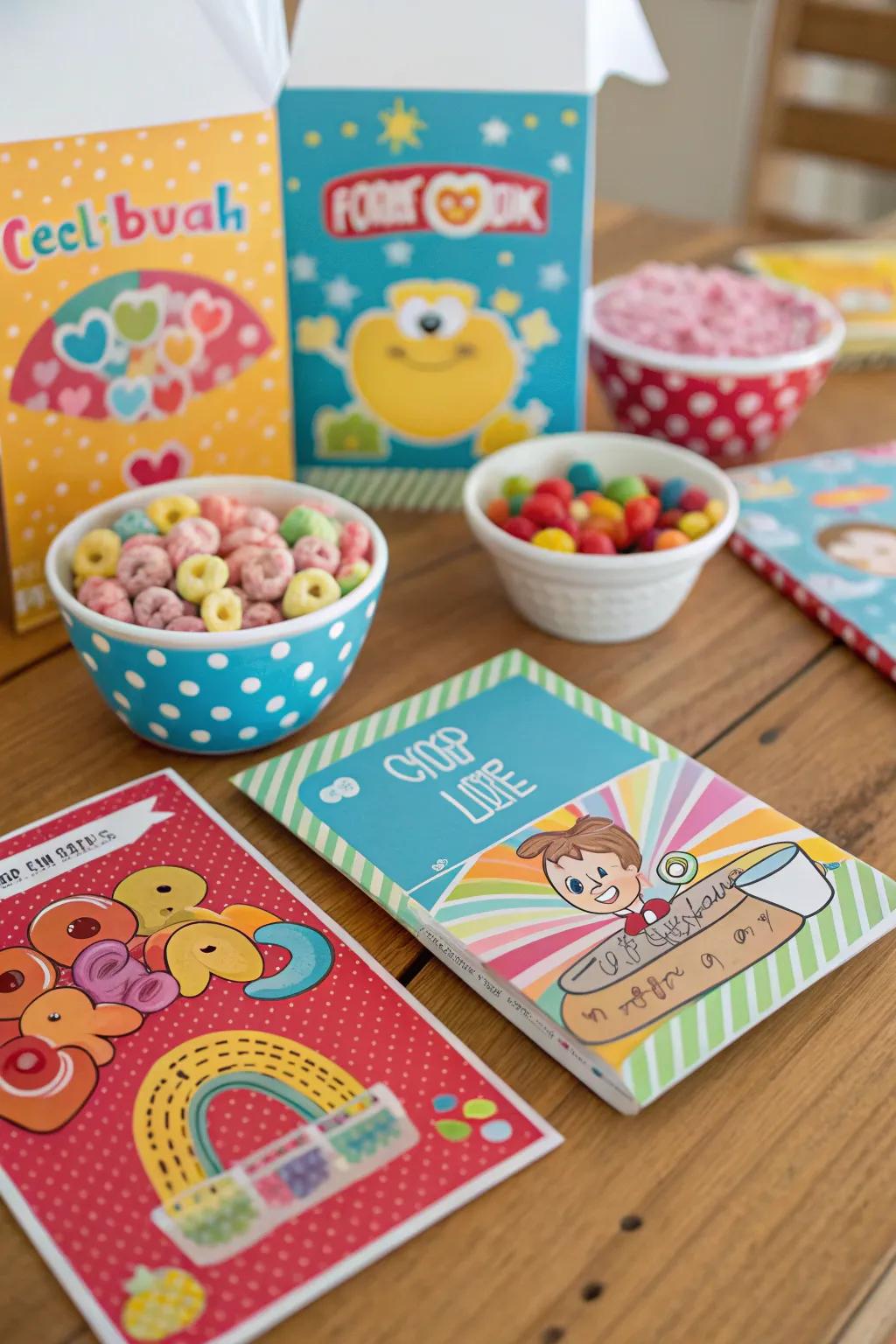 Cereal-themed invitations with colorful designs and playful motifs.