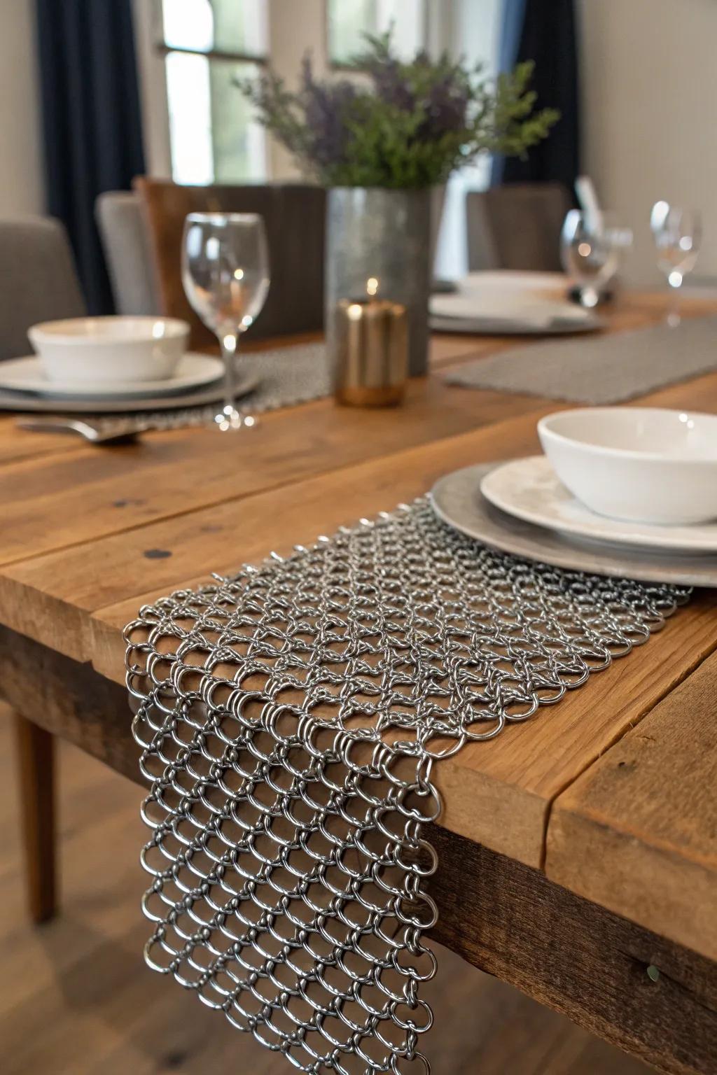 Elevate your dining experience with the timeless elegance of a chainmail table runner.