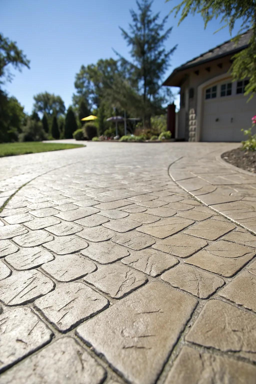 Transform your driveway with the timeless elegance of stamped cobblestone concrete—luxury look, affordable price.