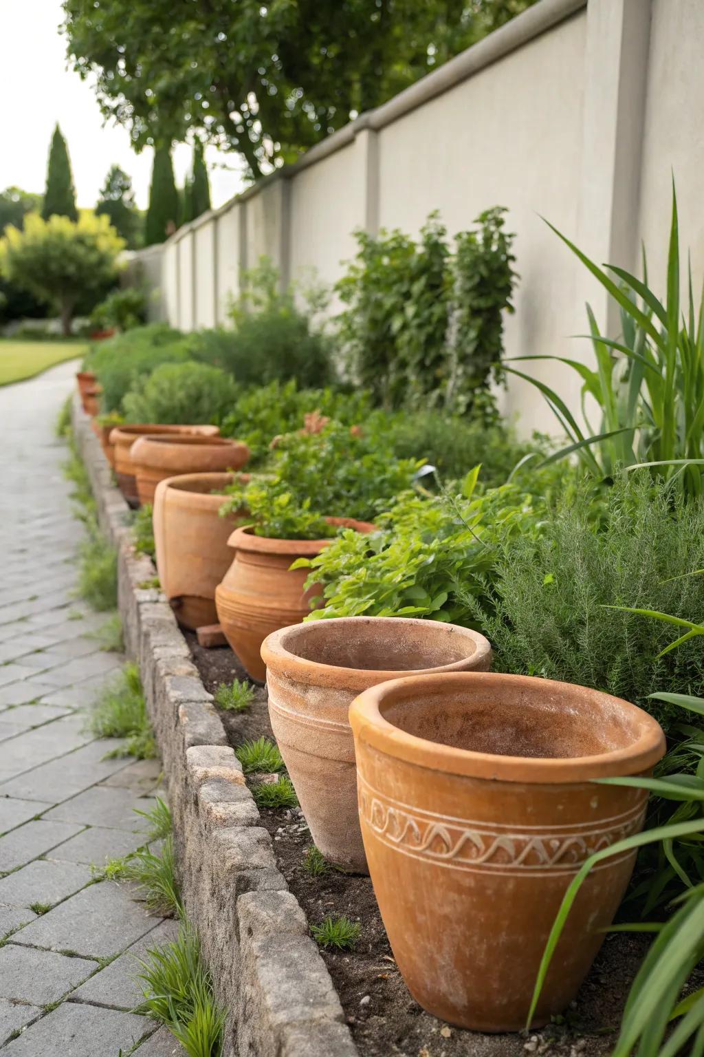 Transform your garden with the rustic charm of terracotta pot edging.
