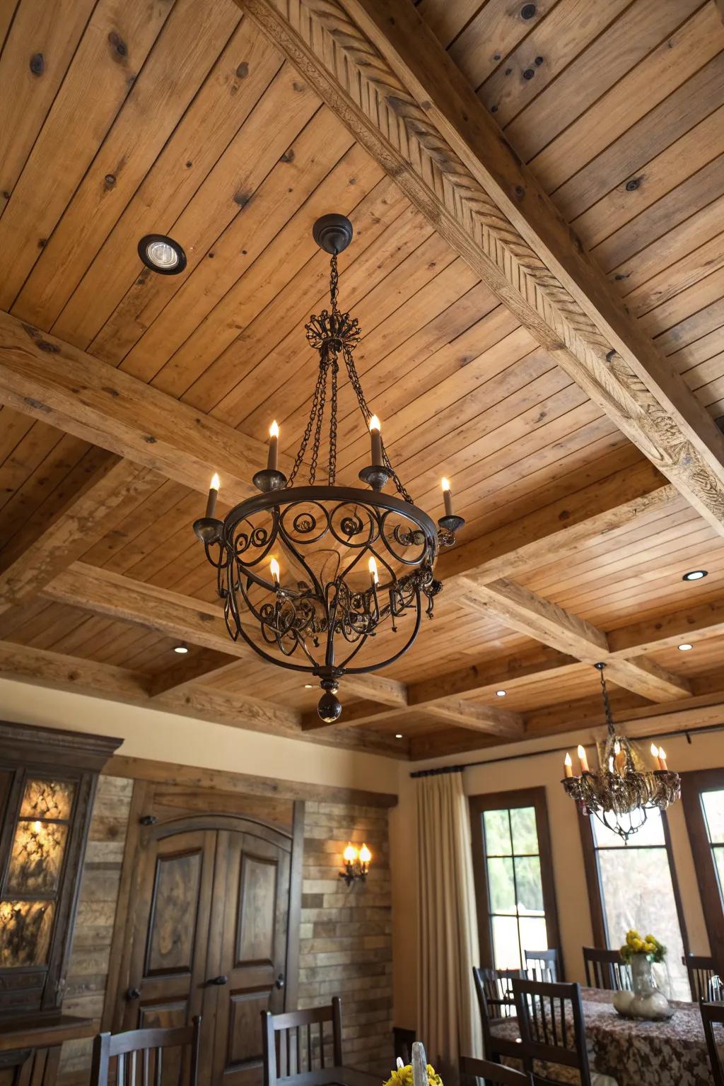 Elevate your space with a statement chandelier that brings out the beauty of a wooden ceiling.
