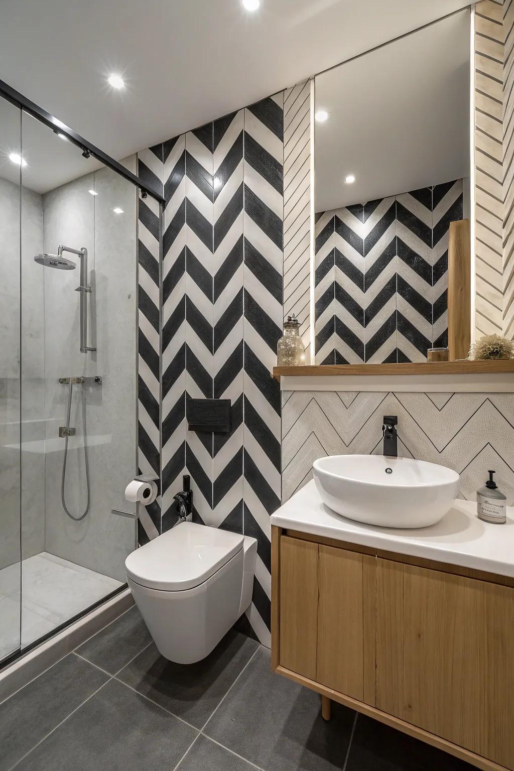 Bold monochrome chevron tiles make a dramatic statement in this chic bathroom.