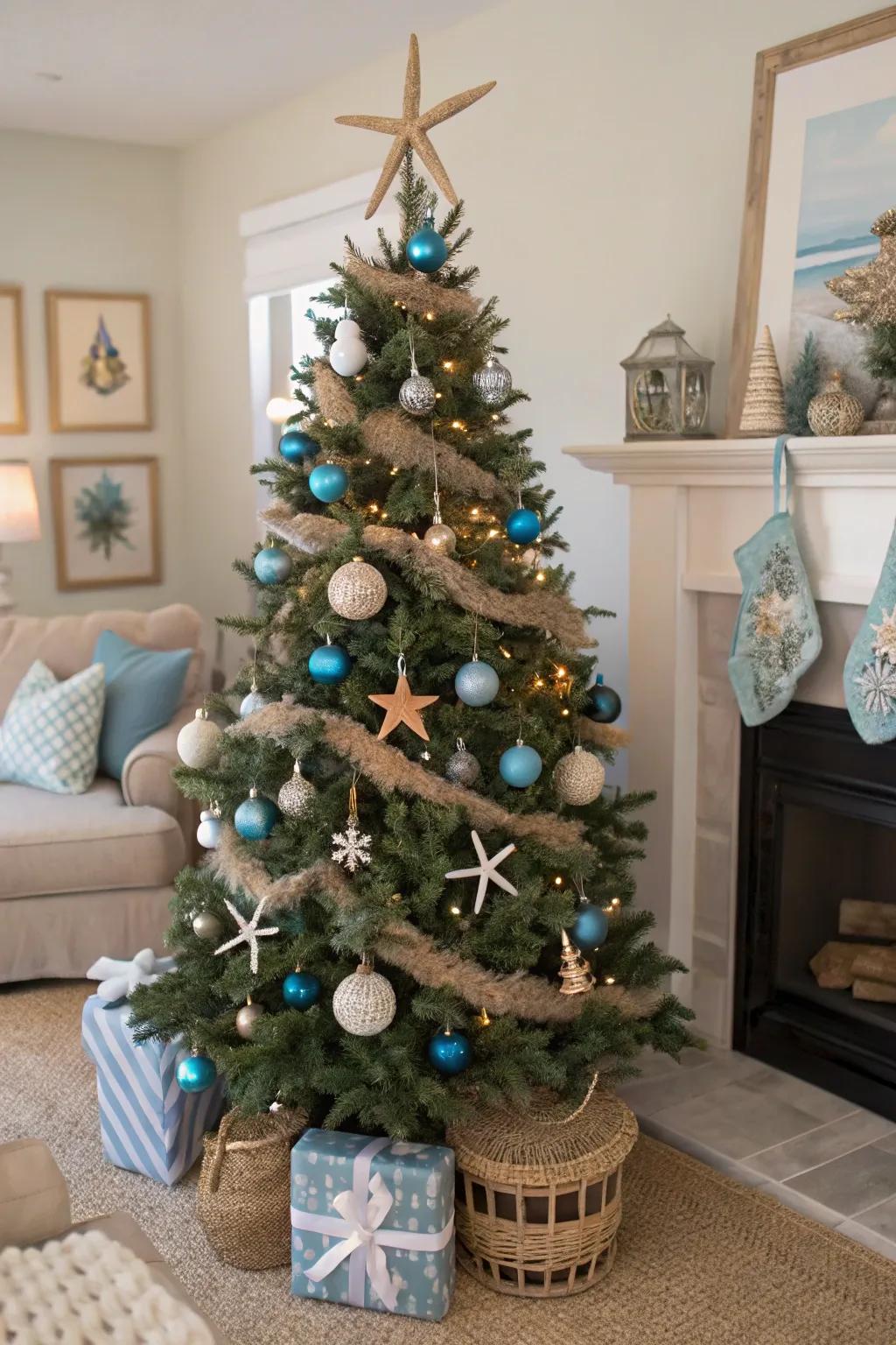 A coastal Christmas with blues and sandy neutrals.