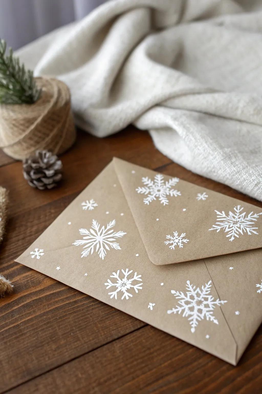 Embrace the simplicity of winter elegance with handcrafted snowflake envelope art.