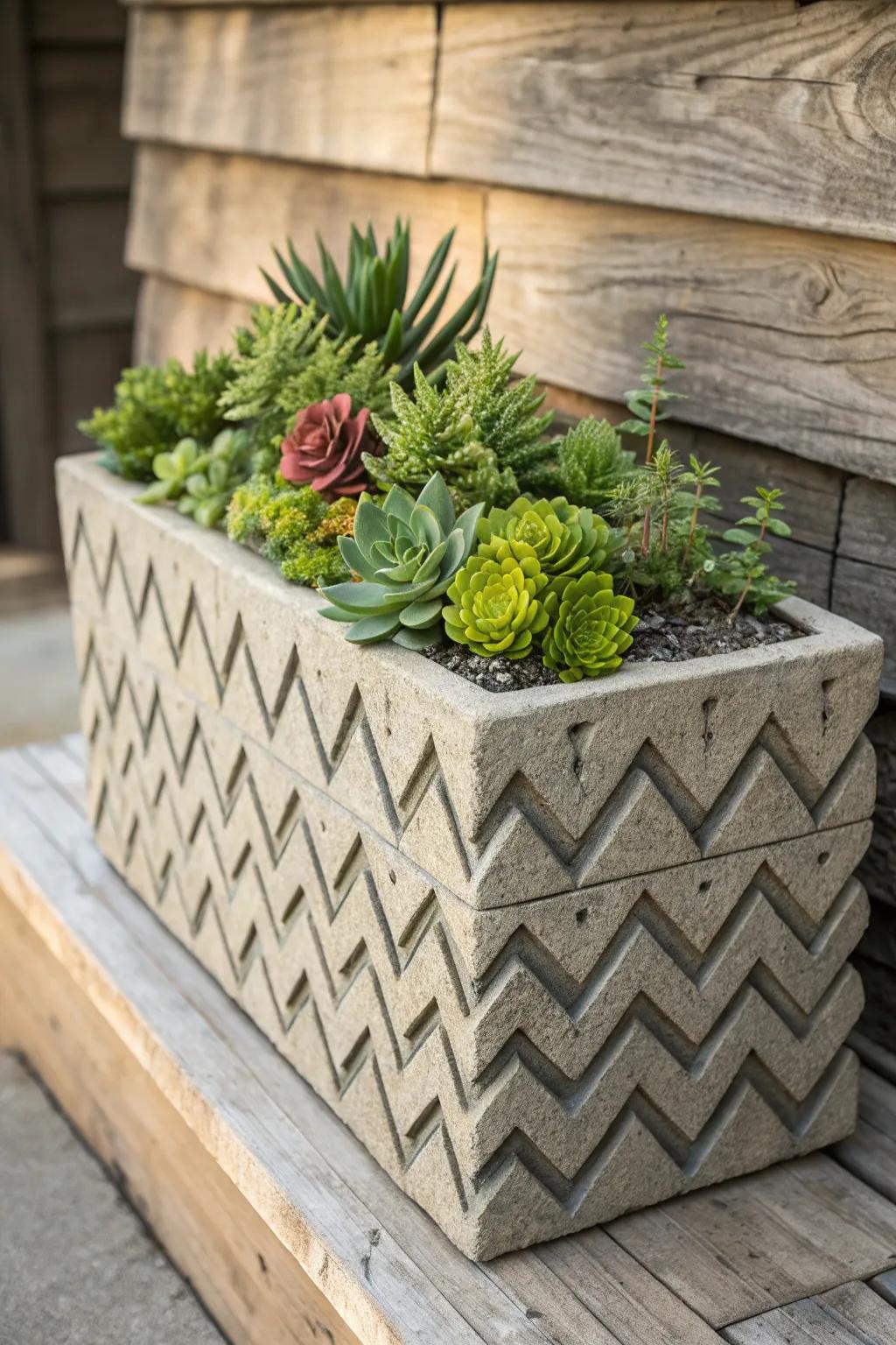 Craftsmanship meets creativity: A striking zig-zag cinder block planter that redefines garden aesthetics.