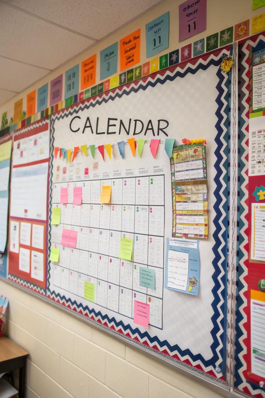 A calendar board with decorative borders for a complete and cohesive look.