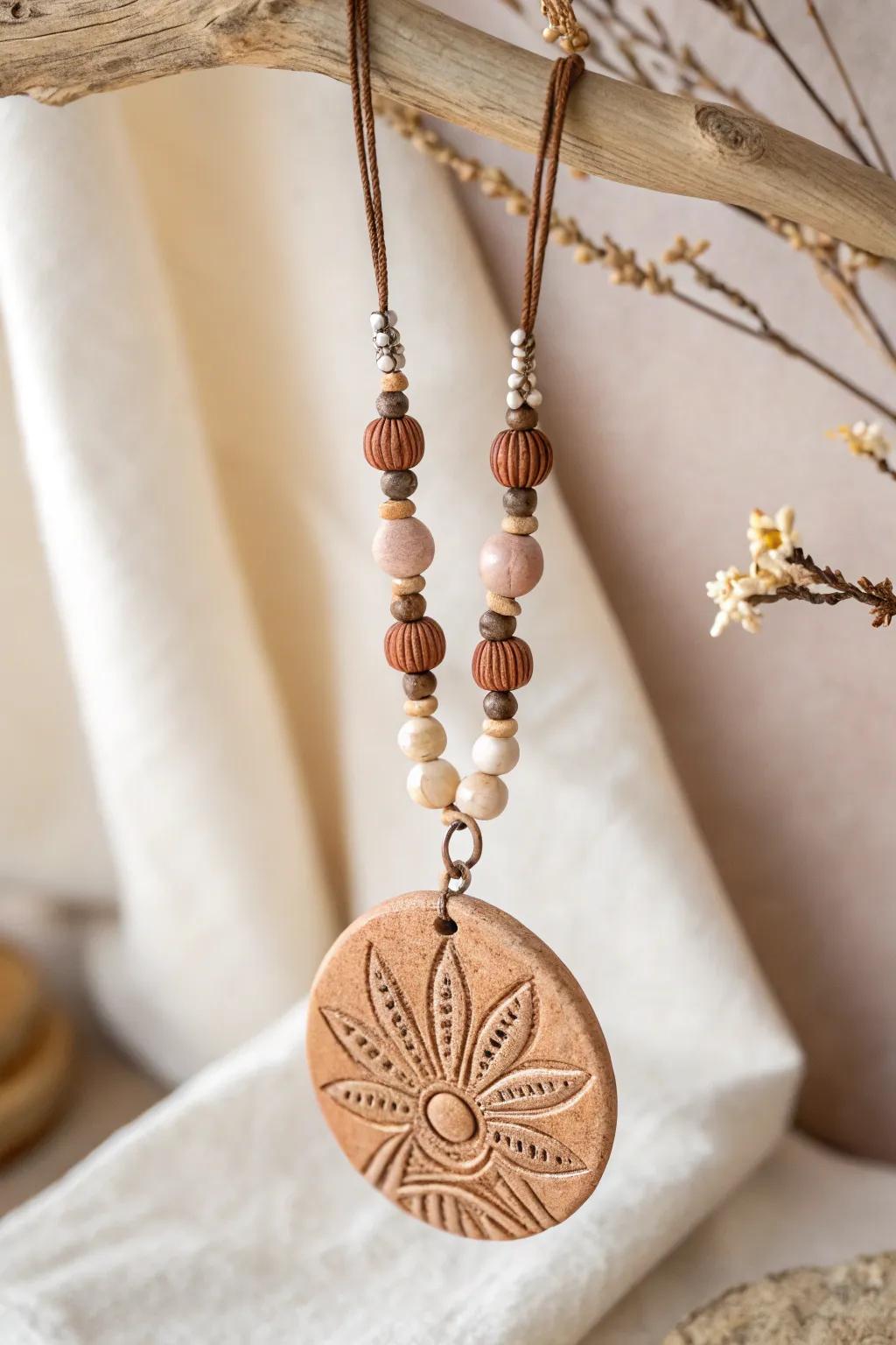 Elevate your style with mixed media magic: a clay pendant that blends simplicity with artistic flair.
