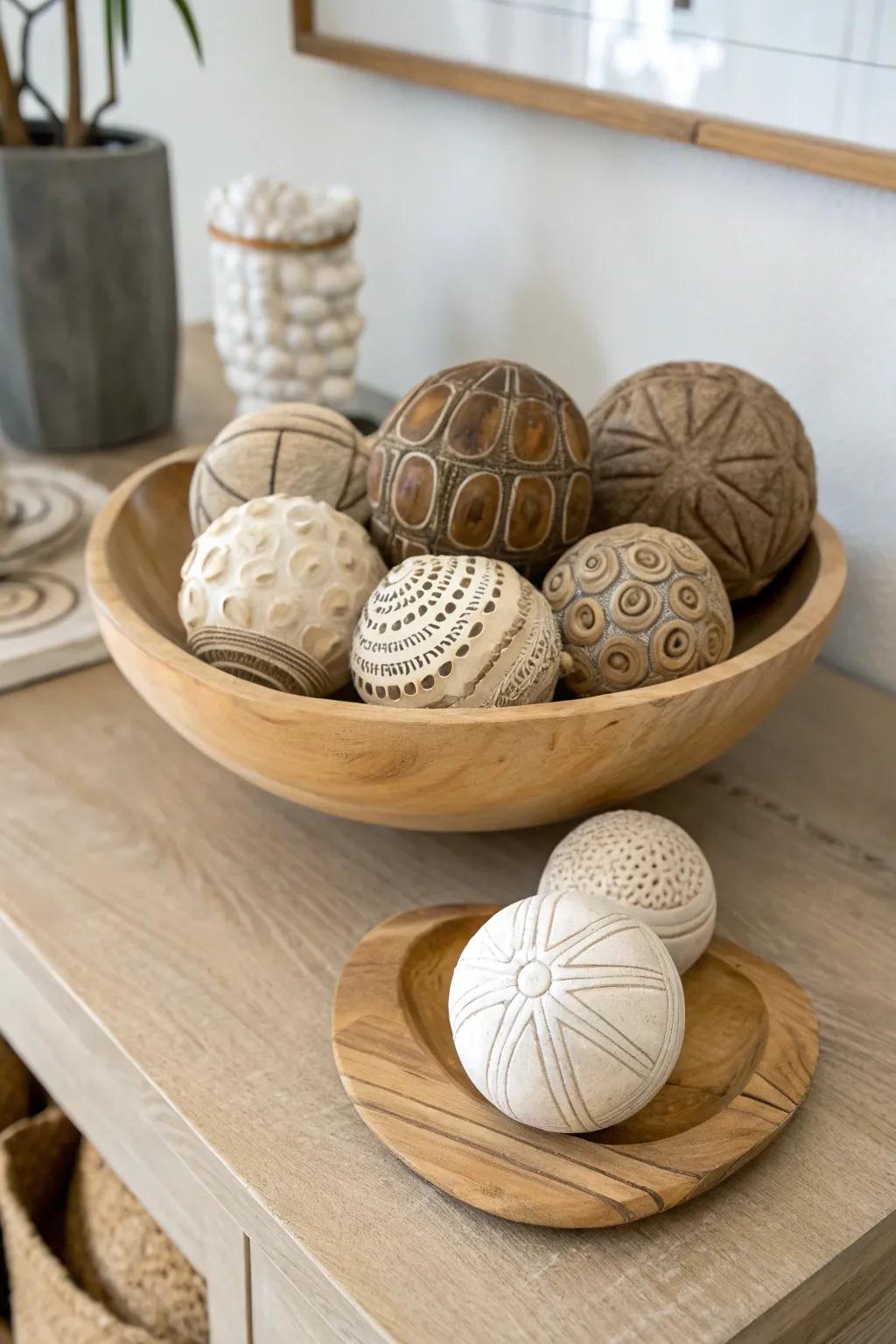 Elevate your decor with this stunning clay sphere display, blending minimalist elegance with boho charm.