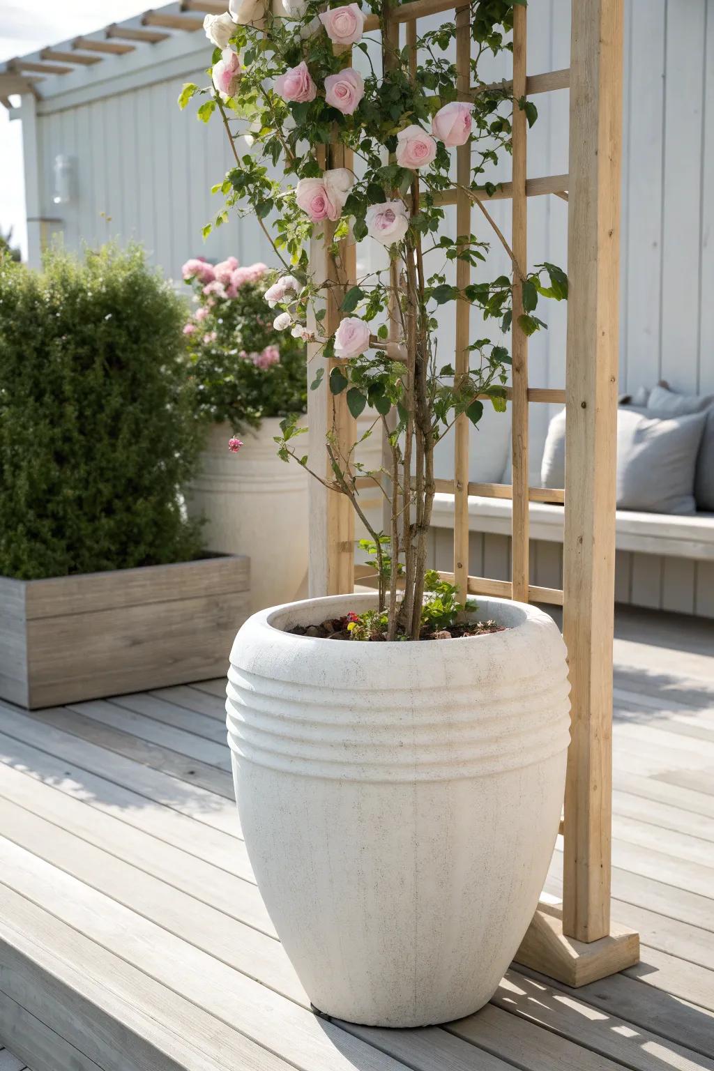 Elevate your urban garden with the elegance of climbing roses in a minimalist potted arrangement.