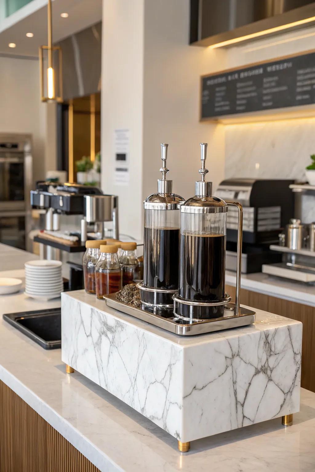 Marble base adds a luxurious touch to your syrup arrangement.