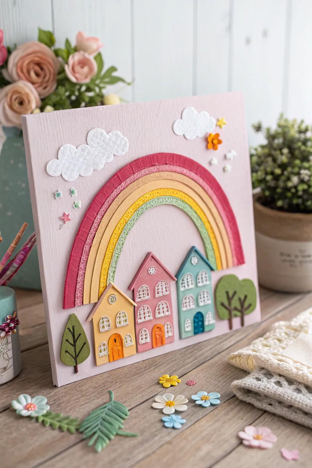 Bring joy to any room with a whimsical collage of rainbows and cartoon houses, perfectly blending minimalism and playful charm.